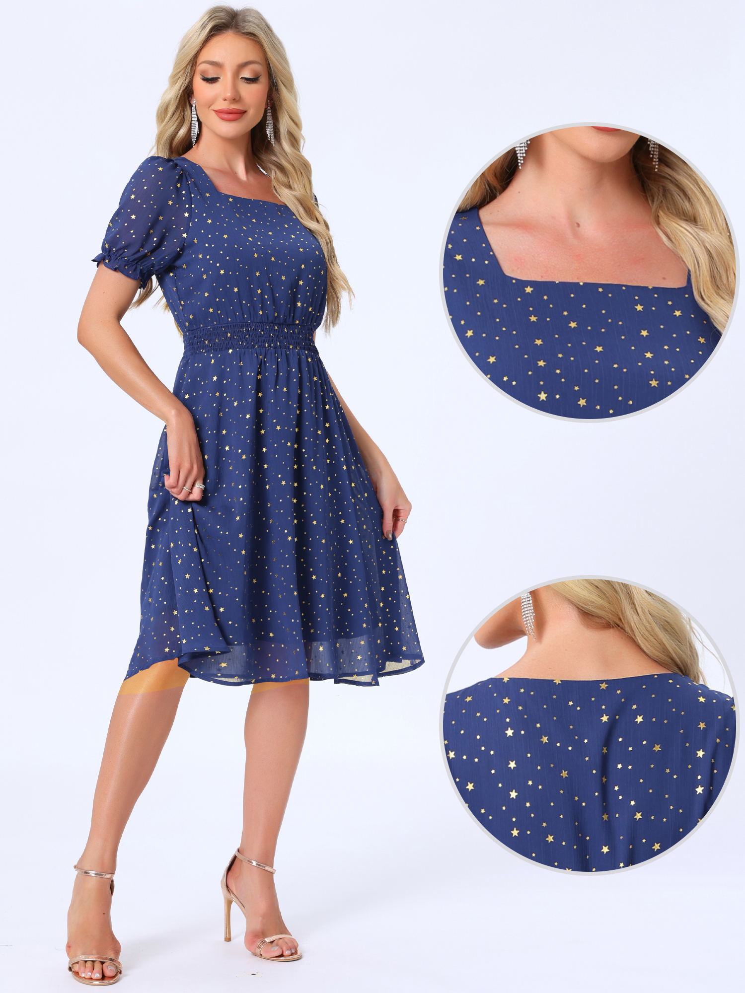Square Neck Metallic Stars Ruffle Short Sleeve A-Line Smocked Waist Midi Dress Royal Blue/L