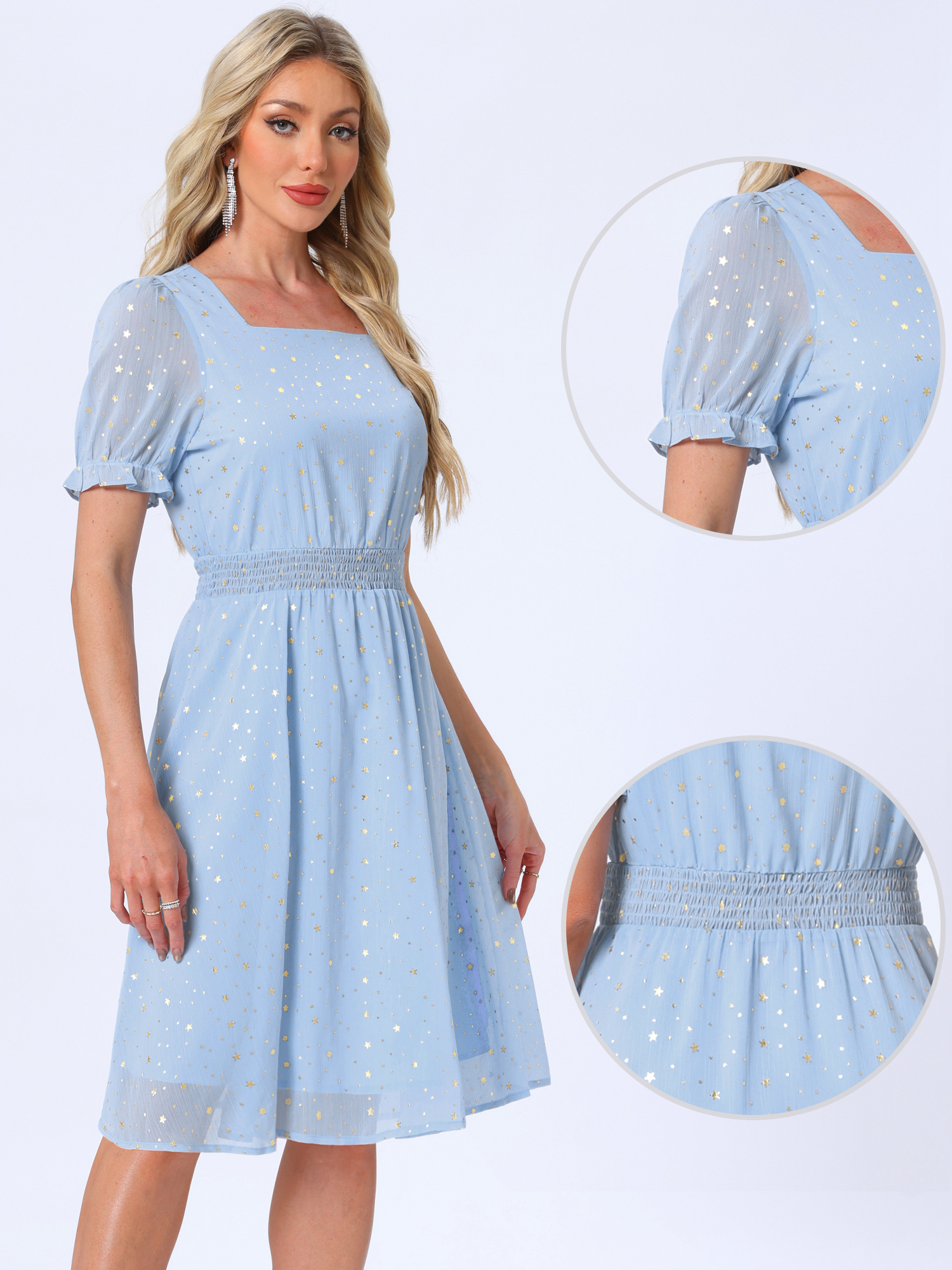 Square Neck Metallic Stars Ruffle Short Sleeve A-Line Smocked Waist Midi Dress Sky Blue/XS