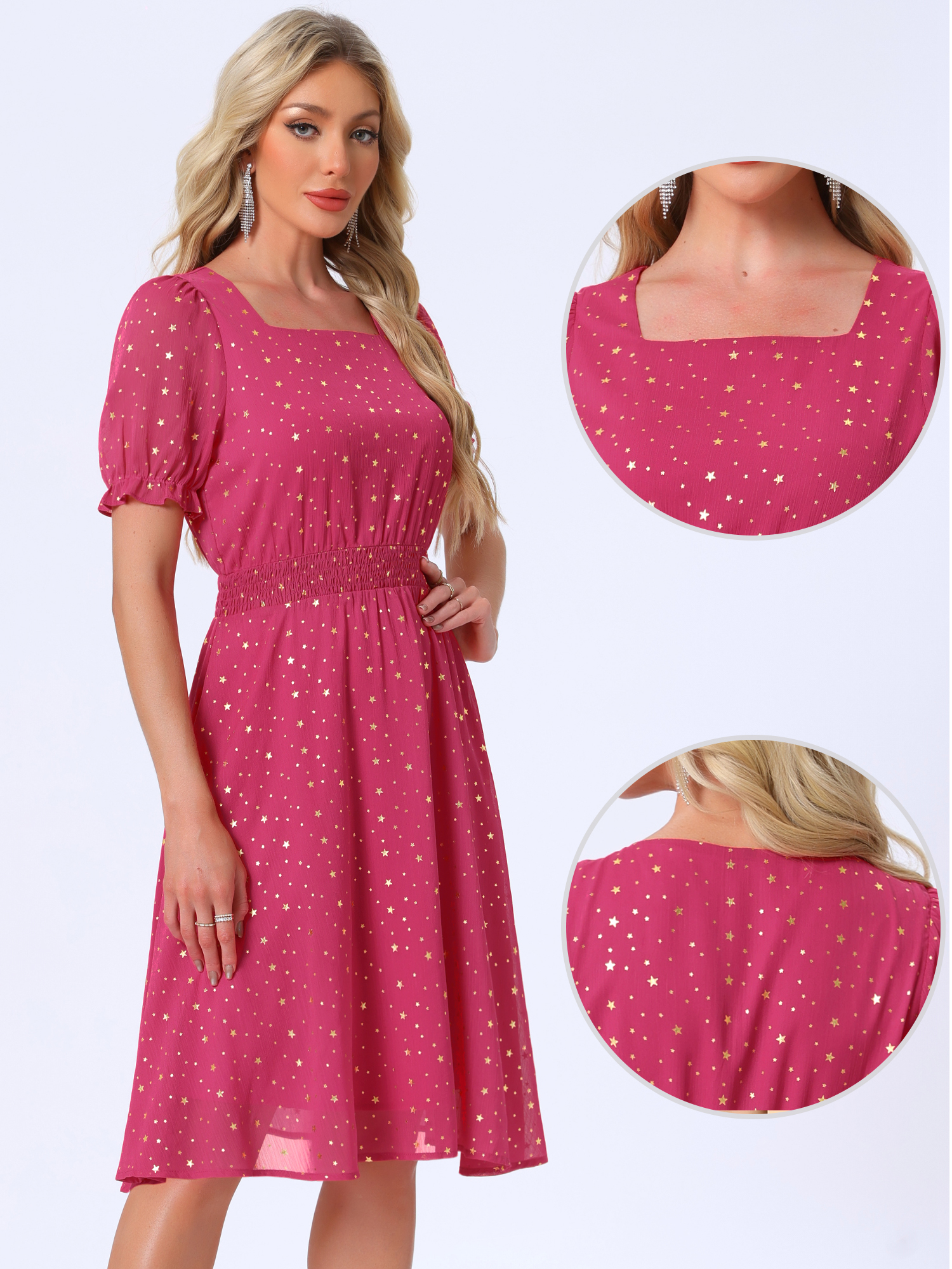 Square Neck Metallic Stars Ruffle Short Sleeve A-Line Smocked Waist Midi Dress Rose Pink/XL