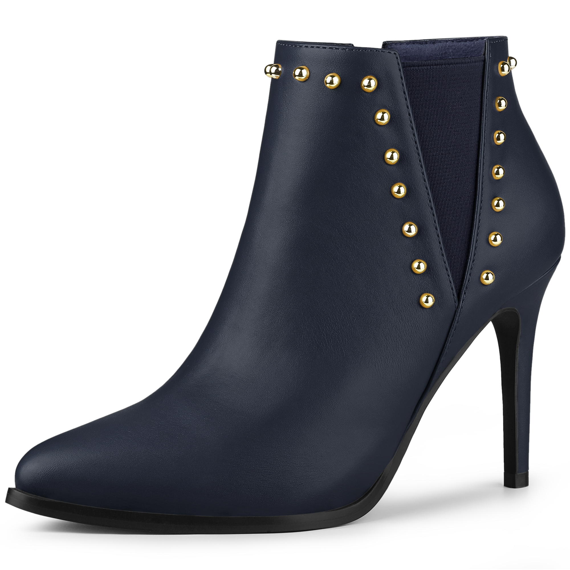 Faux Leather Pointed Toe Stiletto Heel Chelsea Ankle Boots Navy Blue/6.5