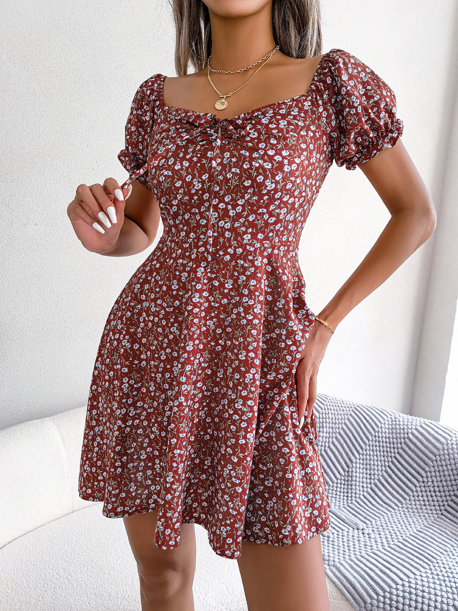 Floral Puff Short Sleeves A-Line Mini Dress Red/L