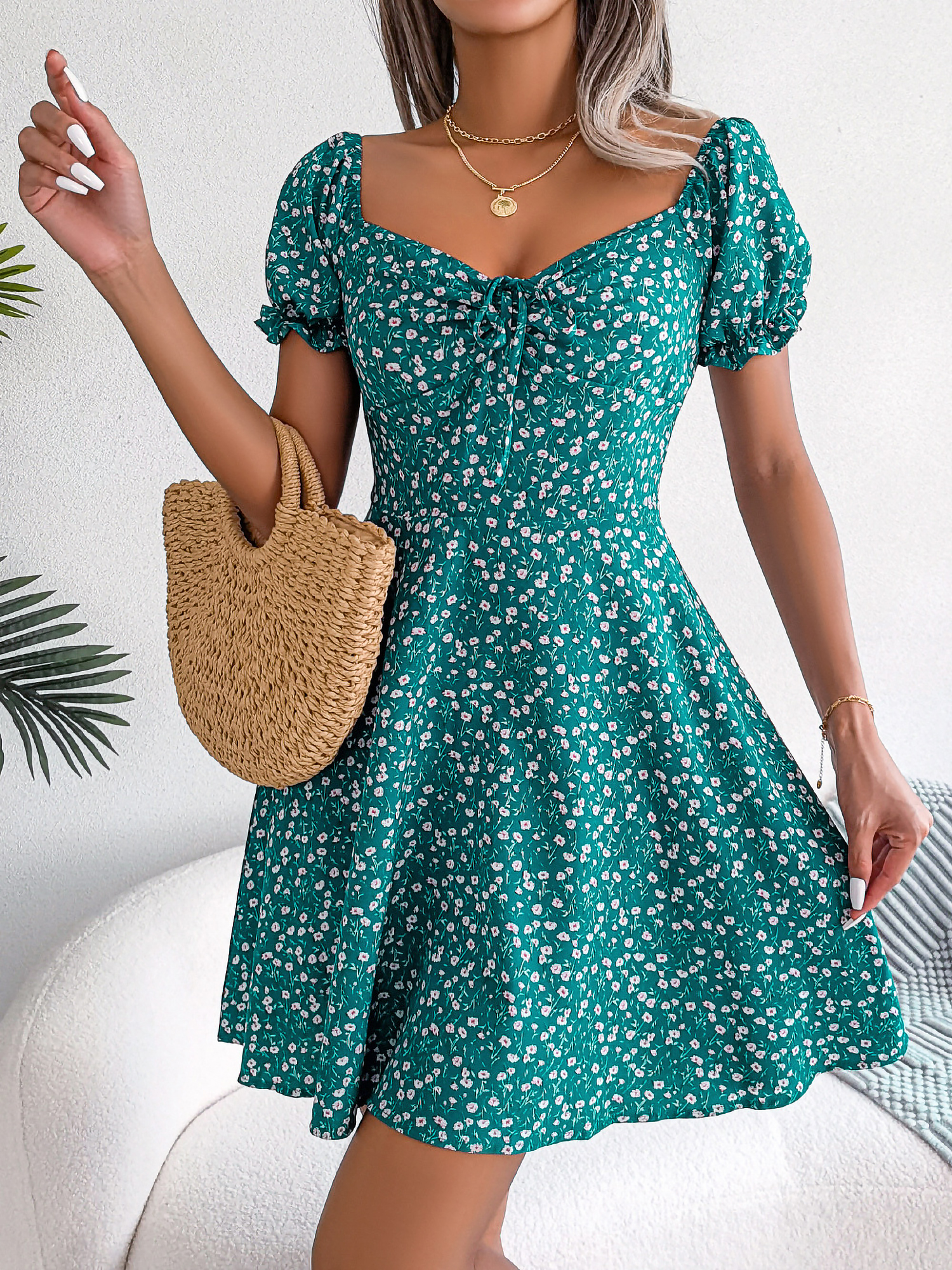 Floral Puff Short Sleeves A-Line Mini Dress Green/XS