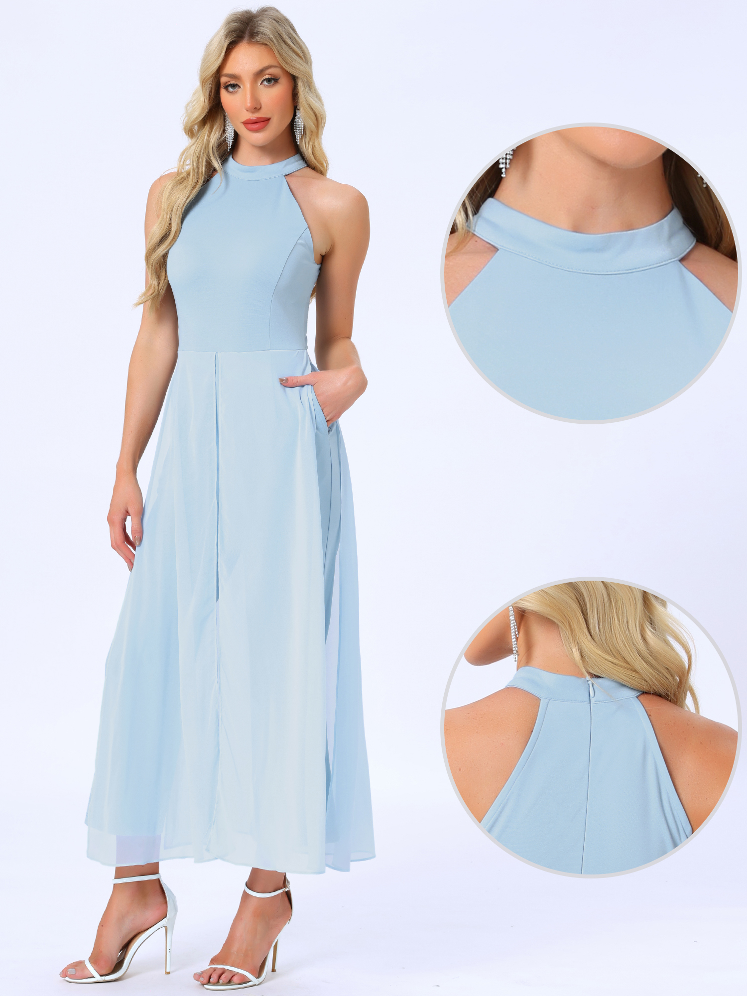 Sleeveless Halter Neck Belted Elegant Wedding Cocktail Dressy Jumpsuits Light Blue/XL