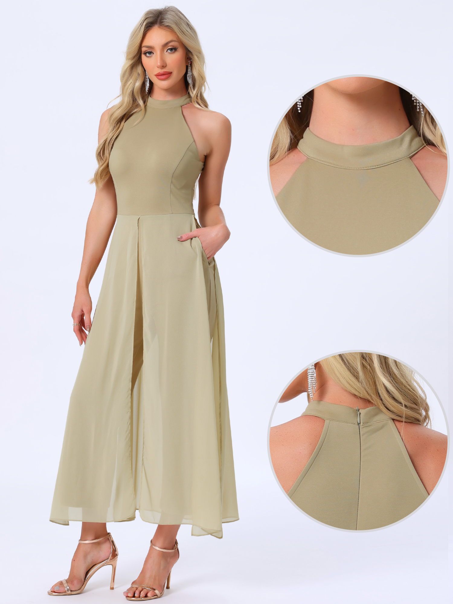 Sleeveless Halter Neck Belted Elegant Wedding Cocktail Dressy Jumpsuits Khaki/S