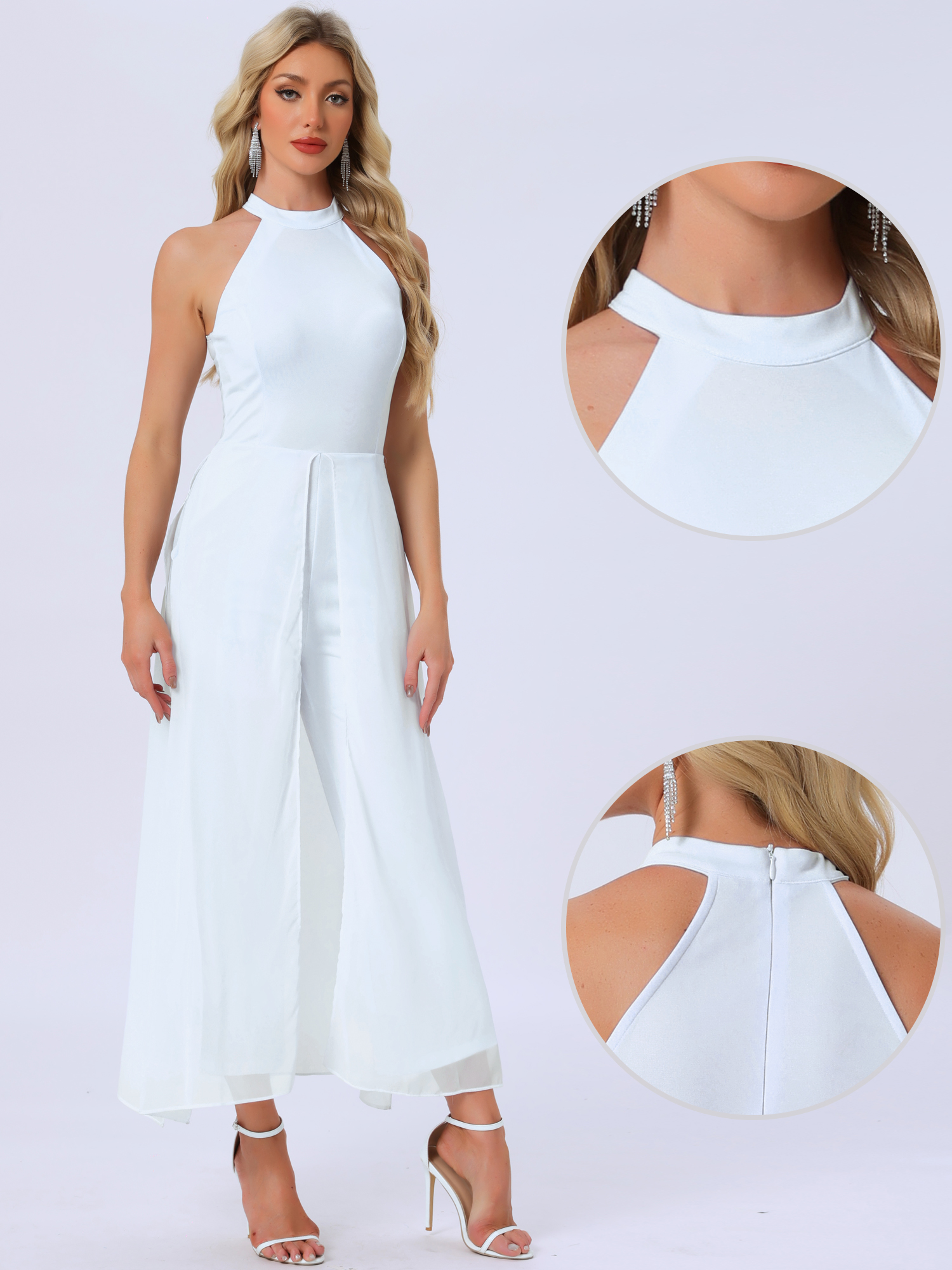 Sleeveless Halter Neck Belted Elegant Wedding Cocktail Dressy Jumpsuits White/M