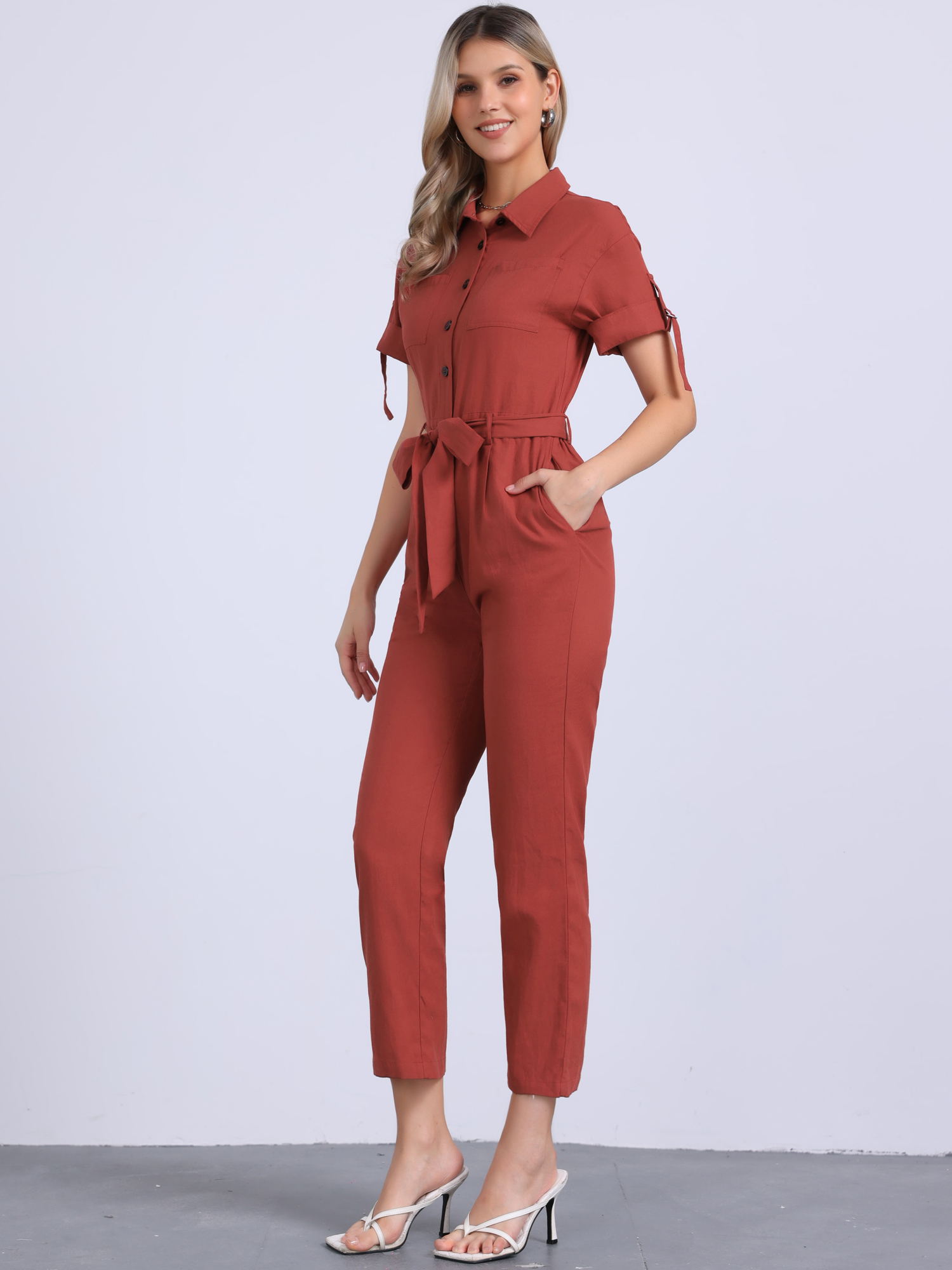 Short Sleeve Button Down Belted Tie Waist Cotton Cargo Jumpsuit Red/XS