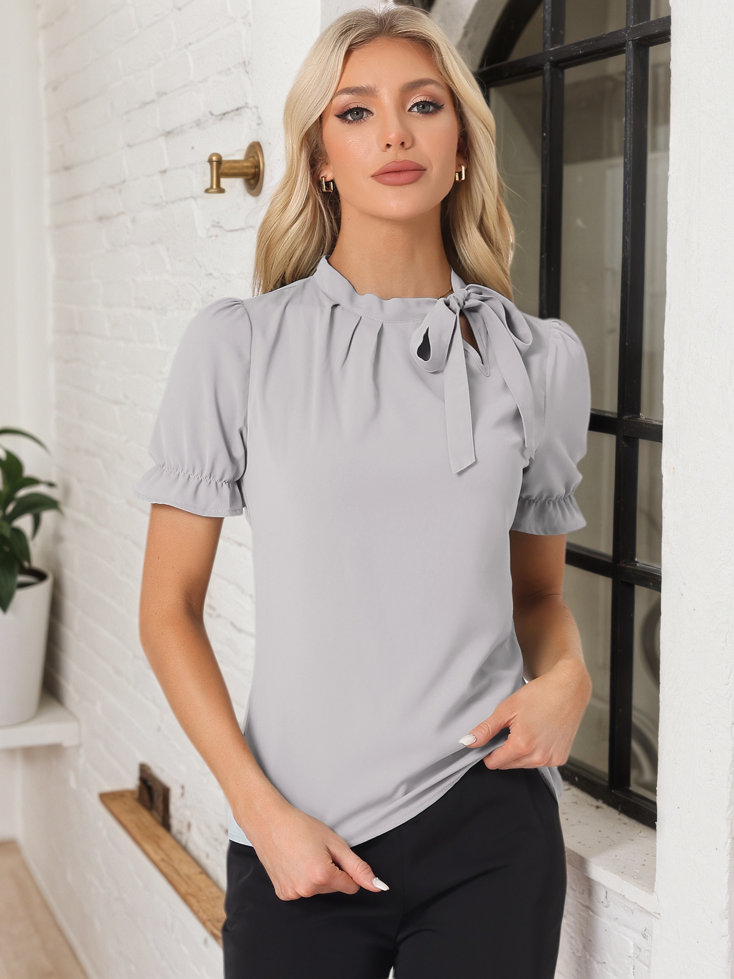 Bow Tie Neck Elegant Office Short Sleeve Blouse Gray/3XL