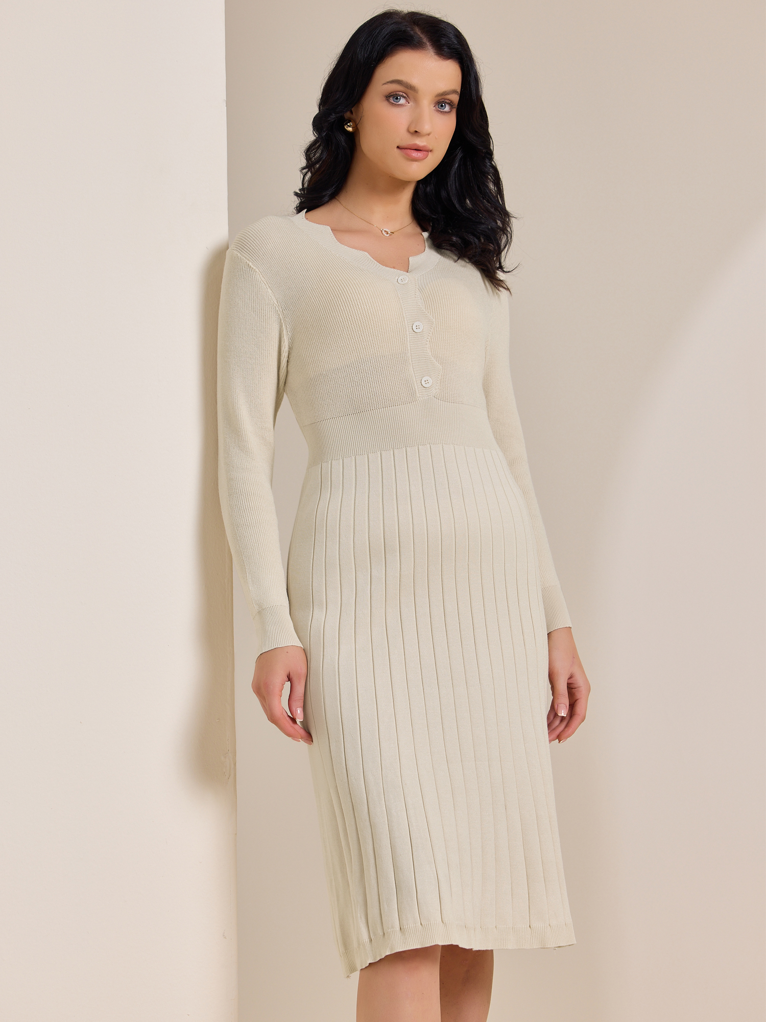 Long Sleeve V Neck Midi Ribbed Knit Sweater Dress Beige/M