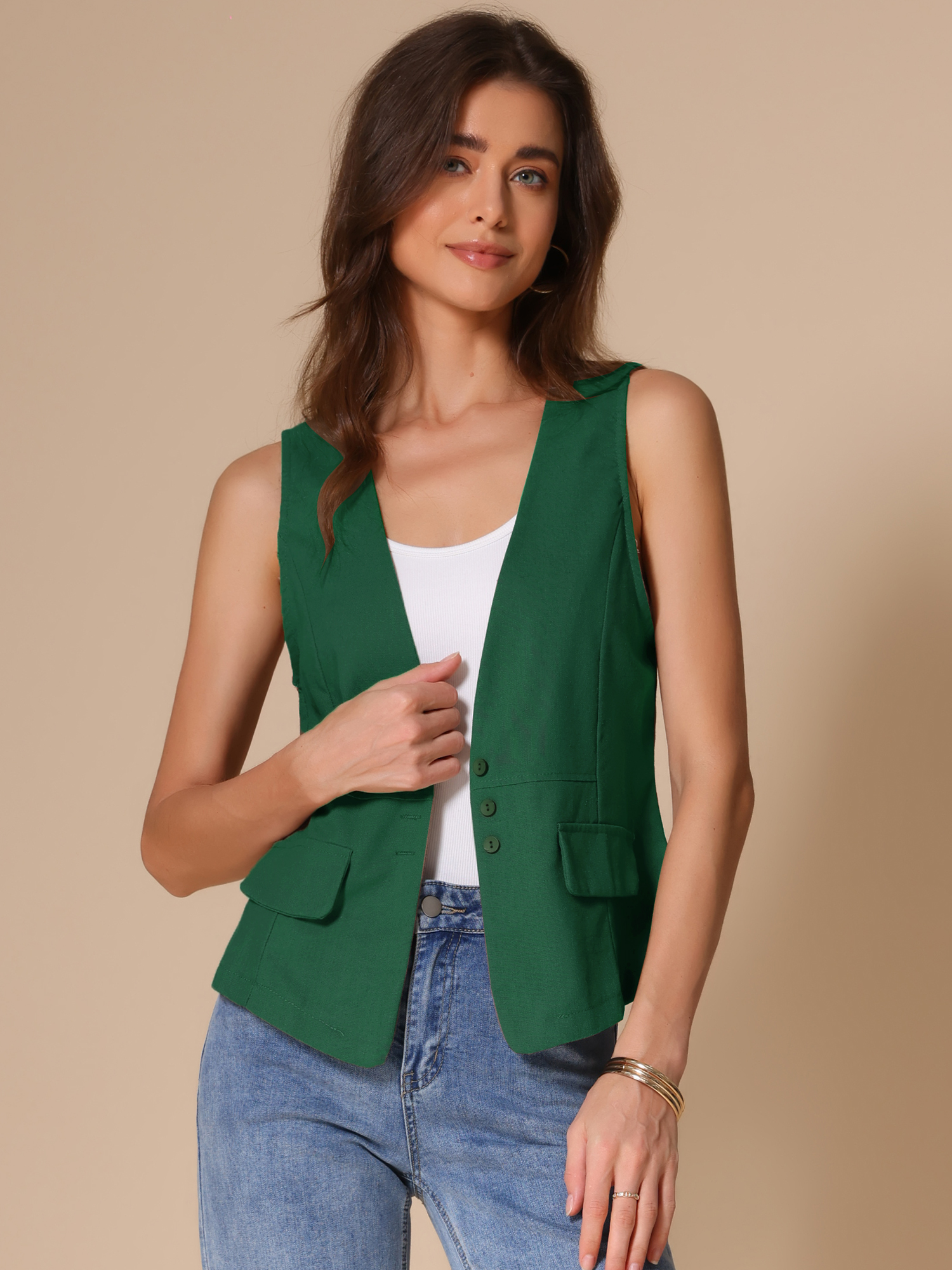 Sleeveless Lightweight Waistcoat Linen Vest Green/L