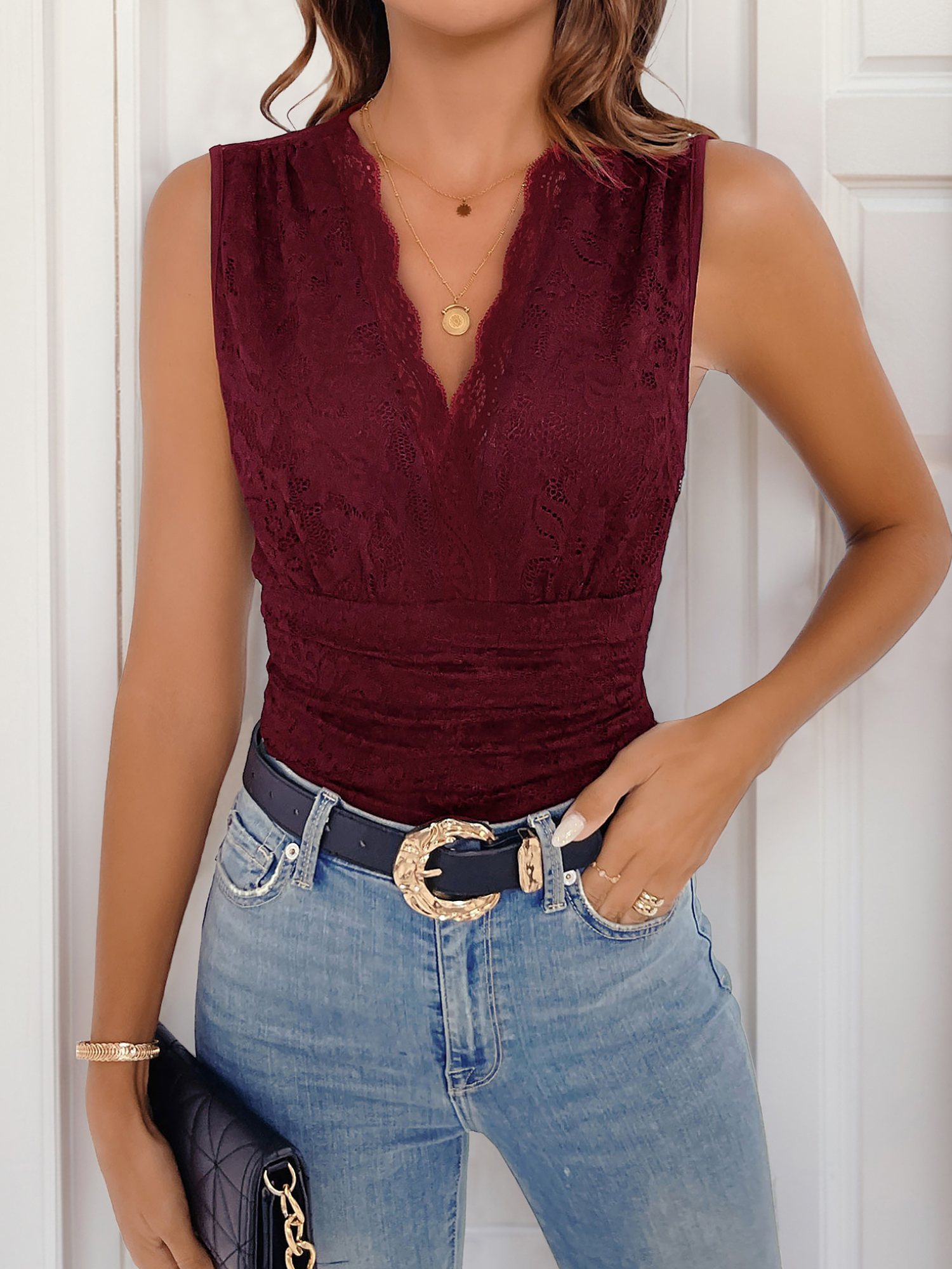 V Neck Sleeveless Lace Solid Color Bodysuit Burgundy/L