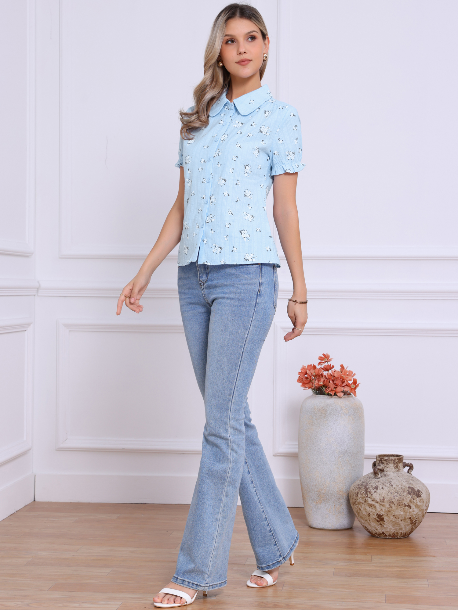 Floral Printed Peter Pan Collar Cotton Short Sleeve Shirt Gray Blue Floral/S