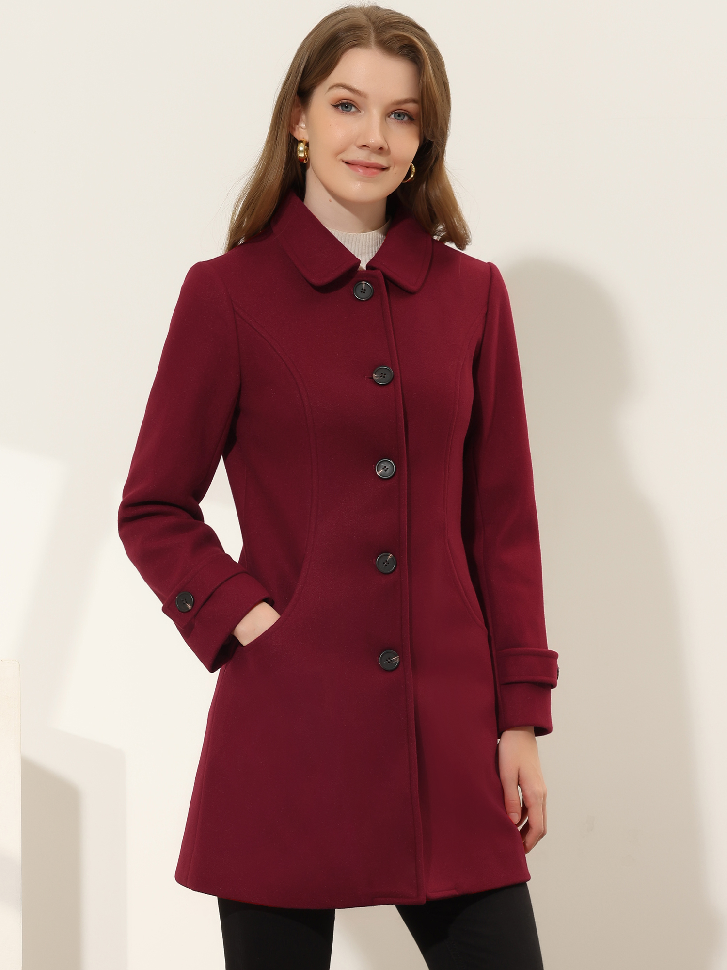 Winter Peter Pan Collar Mid-thigh A-line Single Breasted Pea Coat Burgundy/2XL