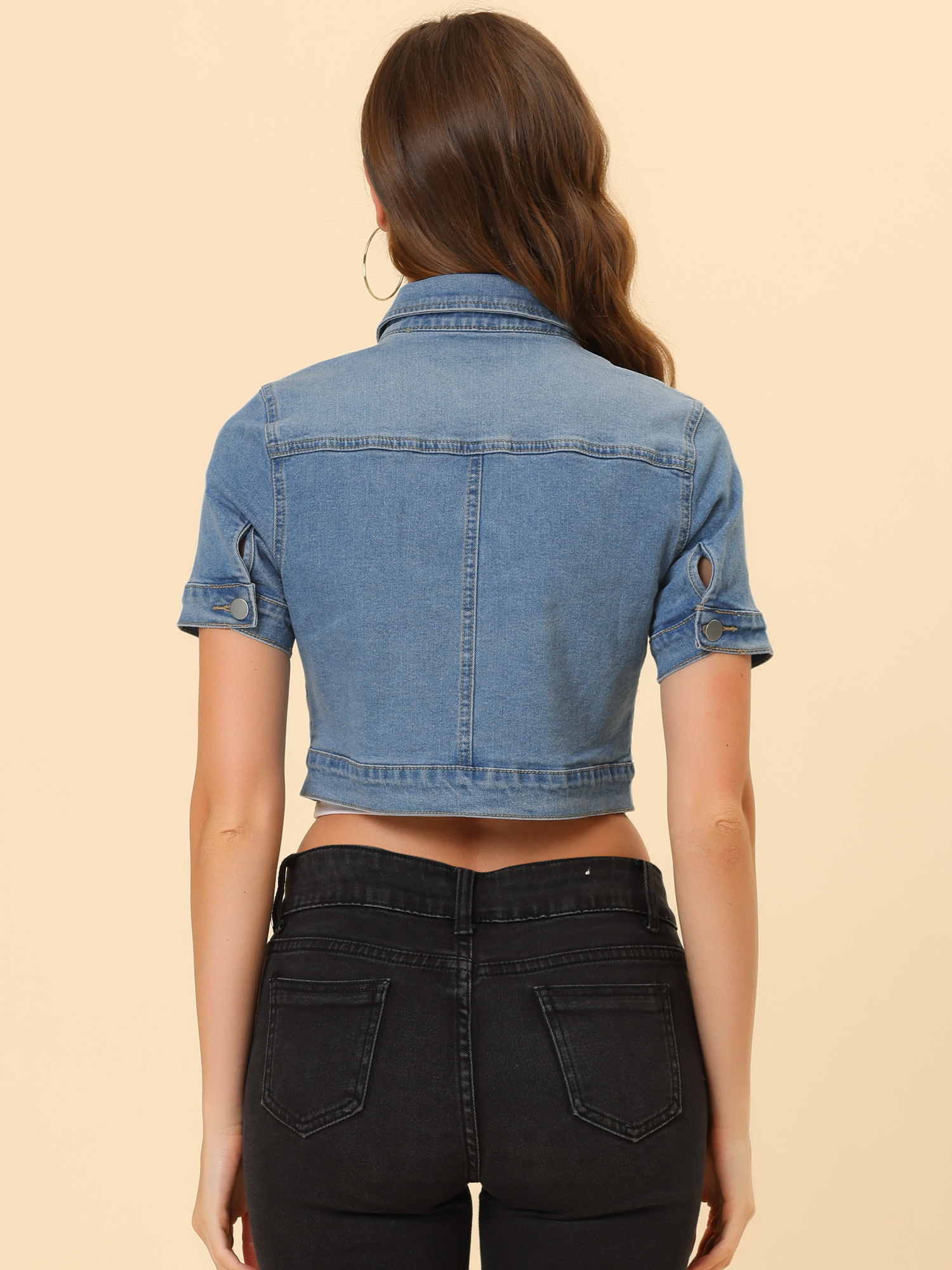 Casual Lapel Short Sleeve Crop Top Jean Denim Jacket Light Blue/3XL