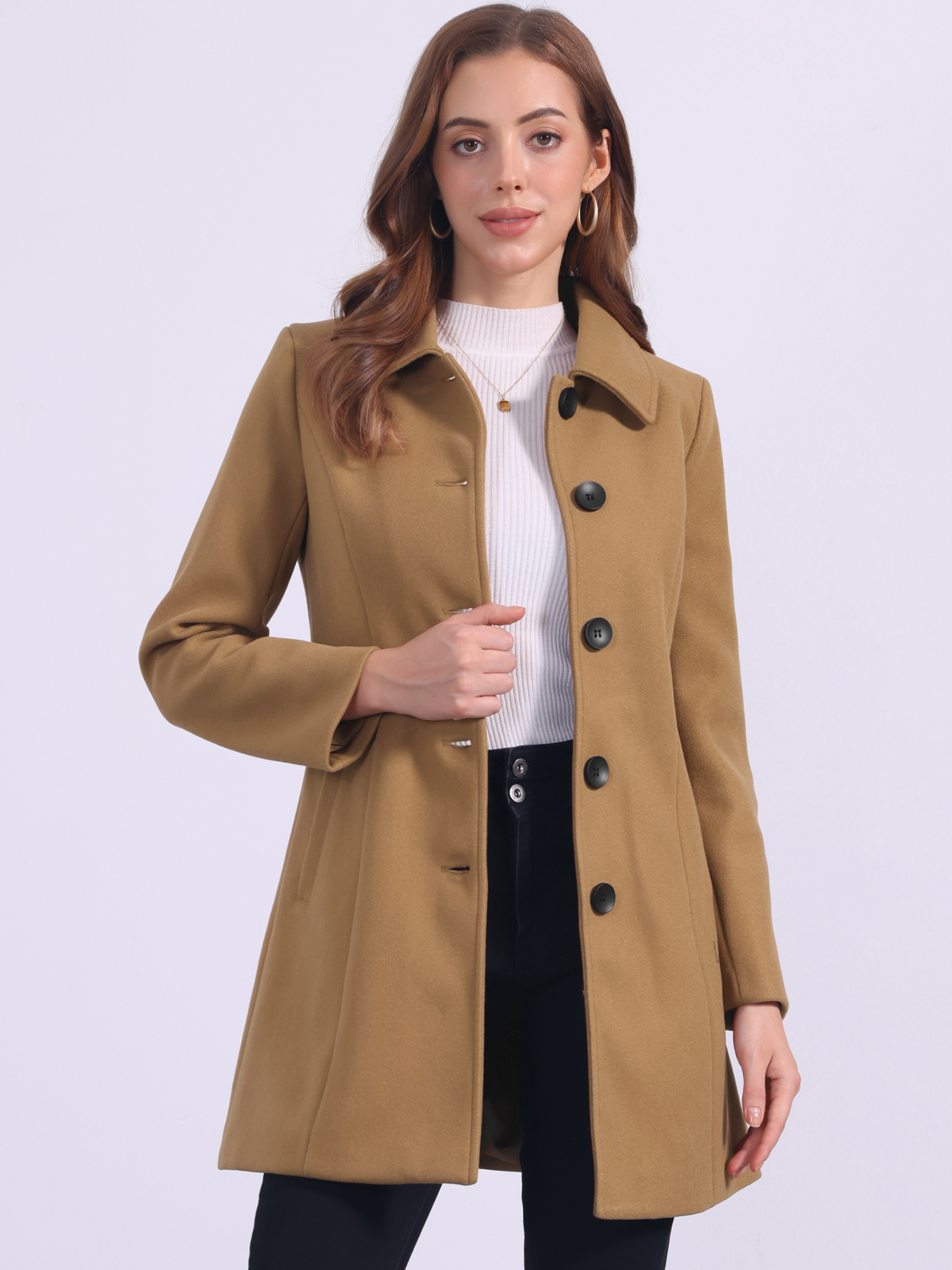 Solid Winter Single Breasted Long Warm Pocketed Pea Coat Dark Camel/L