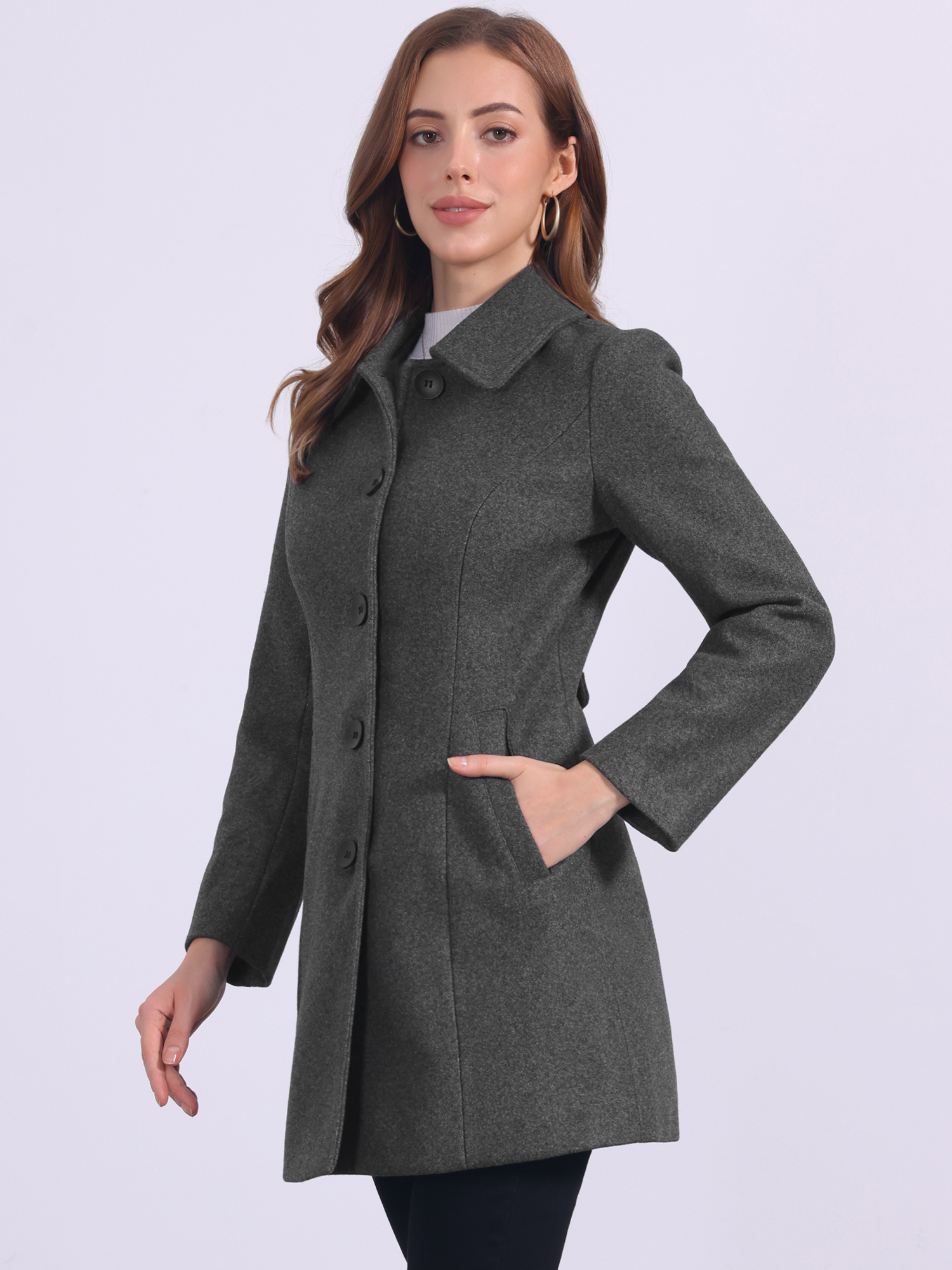 Solid Winter Single Breasted Long Warm Pocketed Pea Coat Deep Grey/M