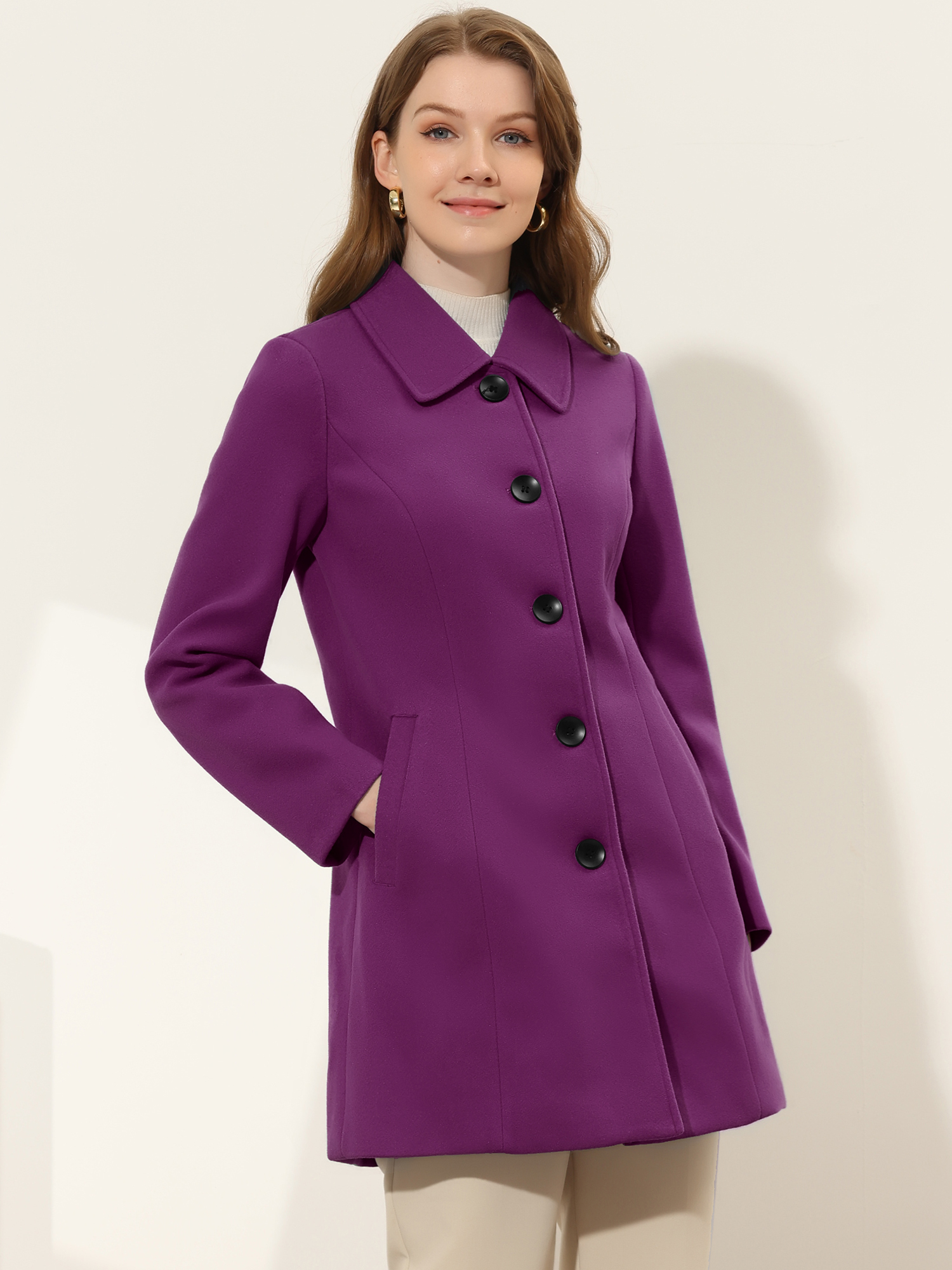 Solid Winter Single Breasted Long Warm Pocketed Pea Coat Purple/L