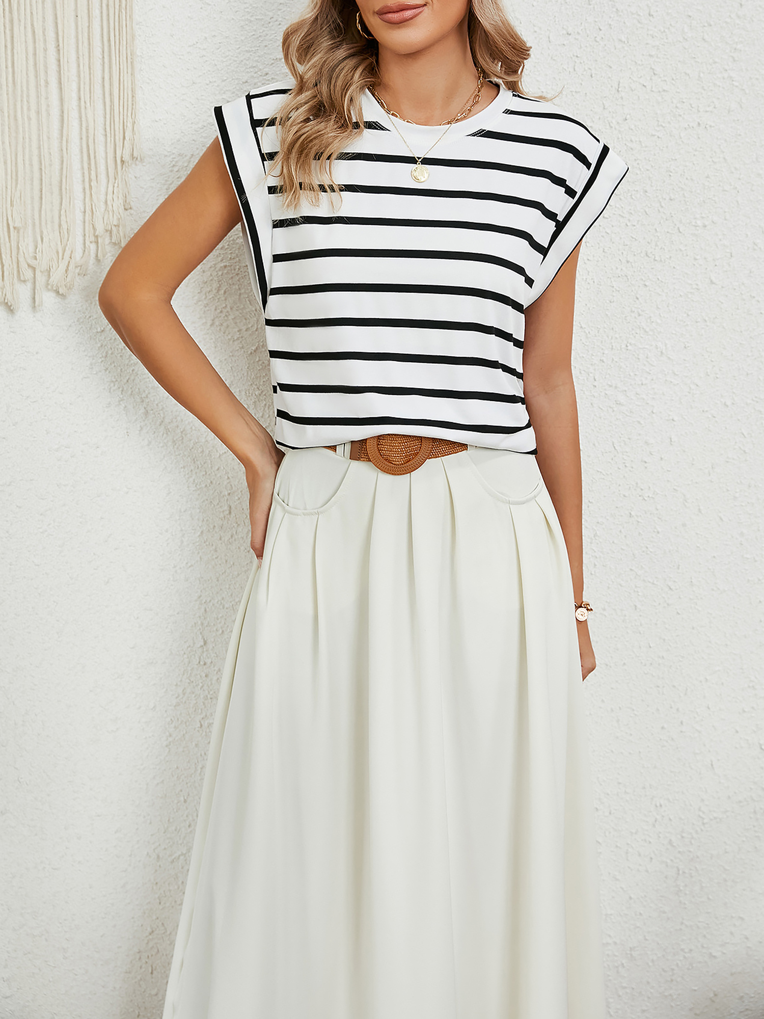Round Neck Cap Sleeves Striped Casual Blouse White/L