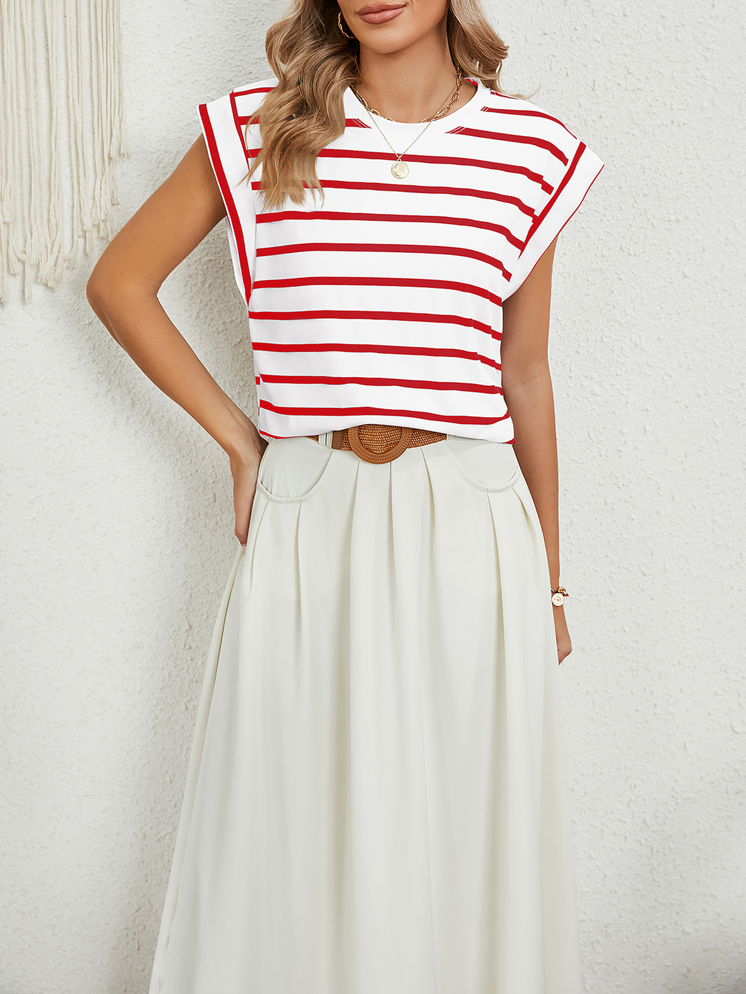 Round Neck Cap Sleeves Striped Casual Blouse Red/S