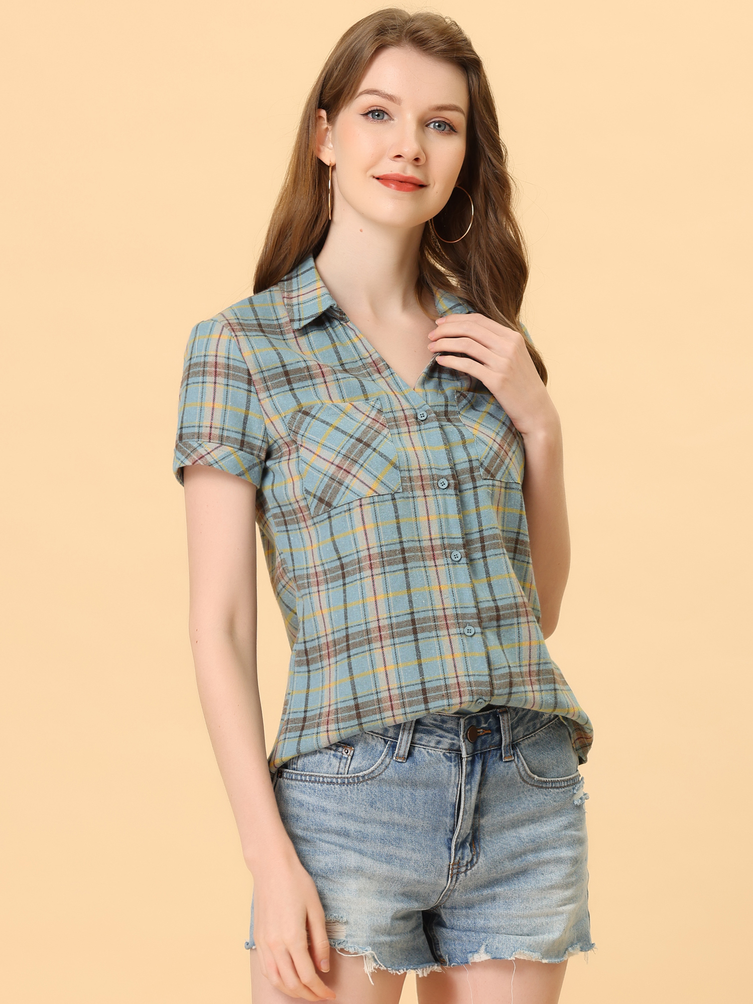 Button Down Cotton Classic Western Plaid Shirt Grey Blue/2XL