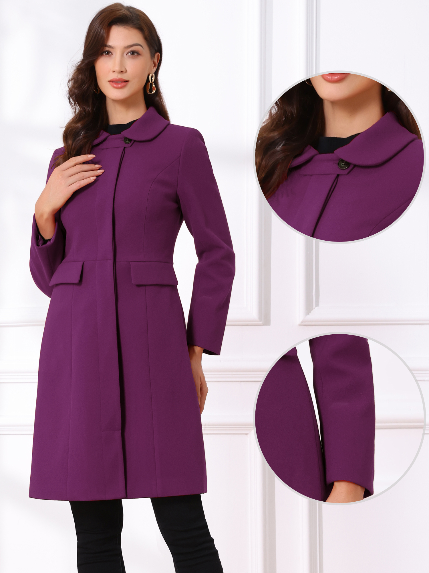Peter Pan Collar Button Down Long Sleeve Pockets Long Winter Coat Dark Purple/XS