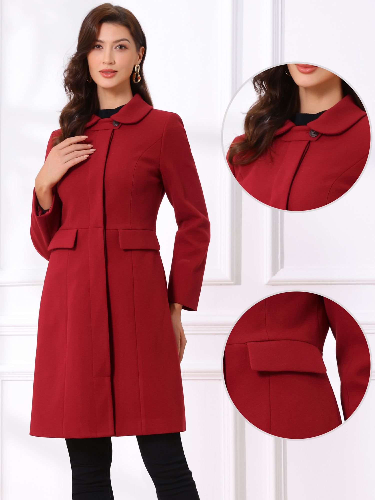 Peter Pan Collar Button Down Long Sleeve Pockets Long Winter Coat Dark Red/XS