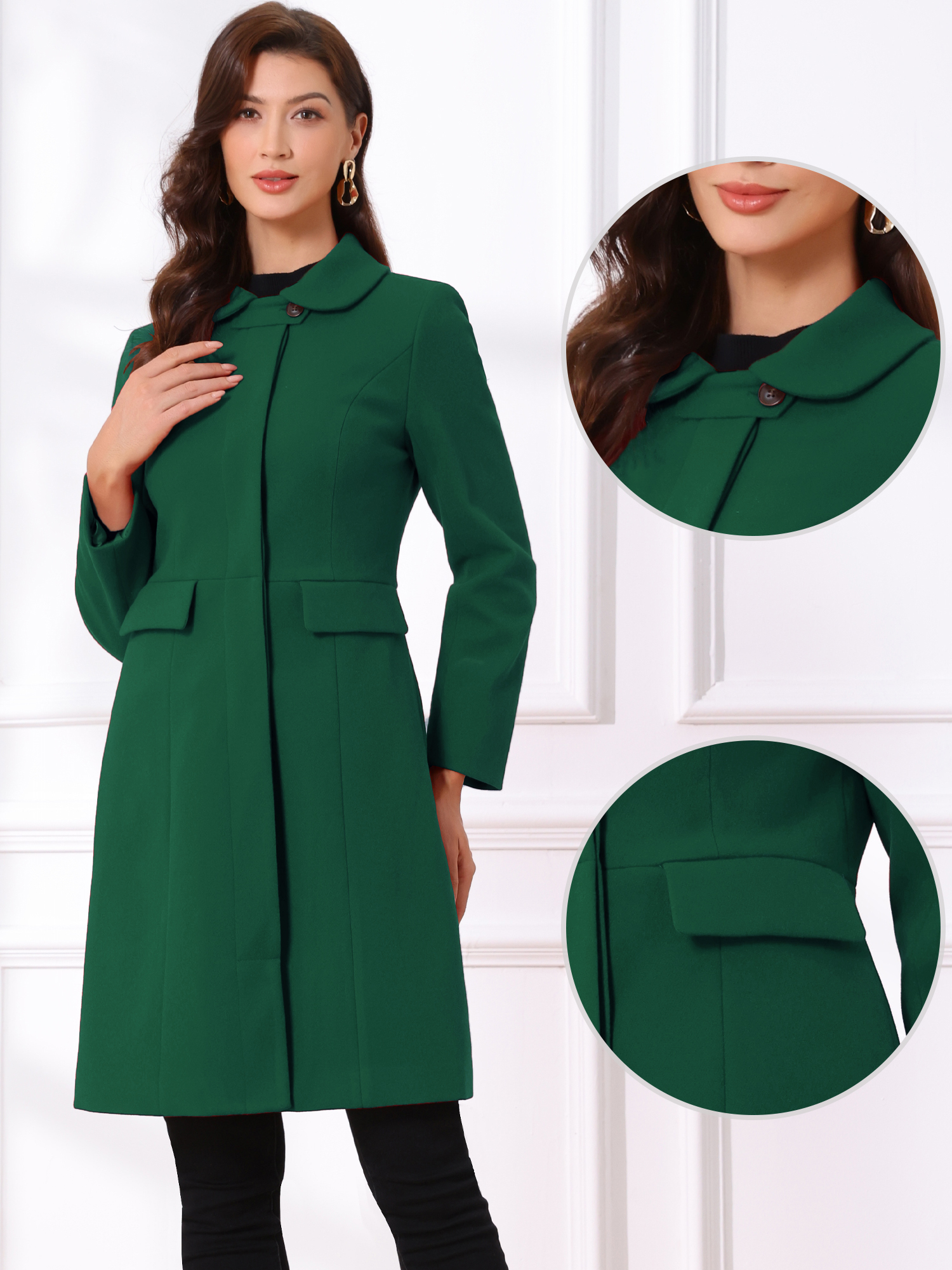 Peter Pan Collar Button Down Long Sleeve Pockets Long Winter Coat Dark Green/XL