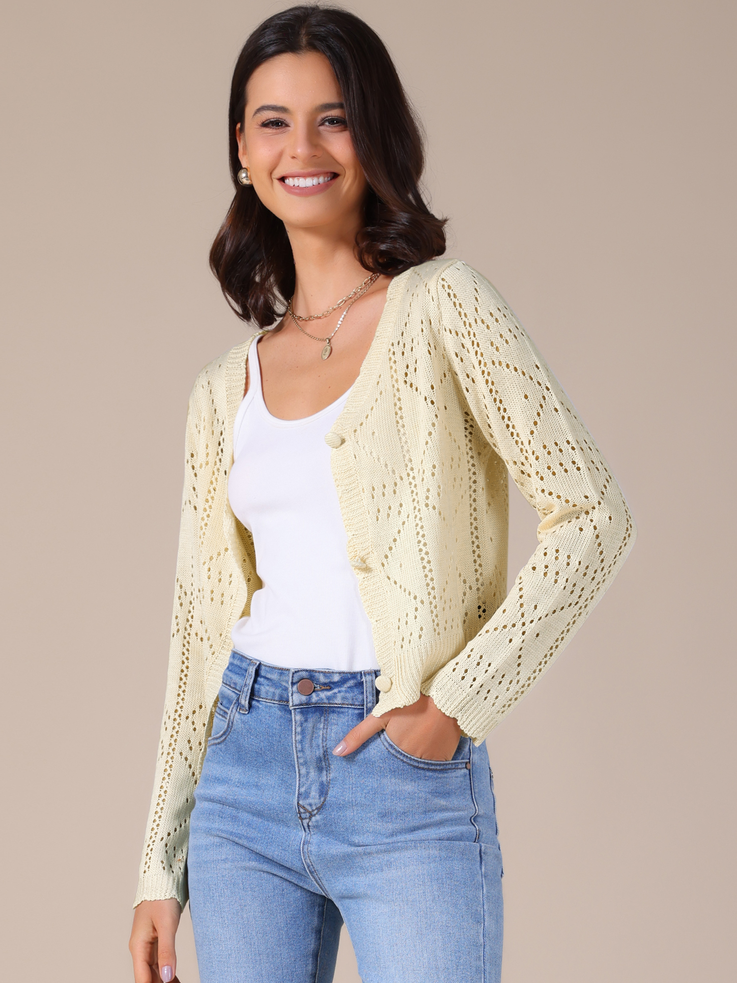 Long Sleeve Collarless Cropped Button Down Knit Cardigan Beige/XL