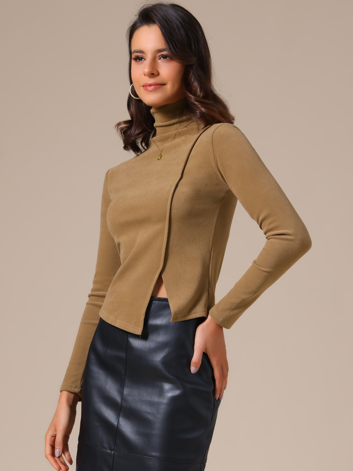 Long Sleeve Turtleneck Knit Asymmetric Top Dark Khaki/S