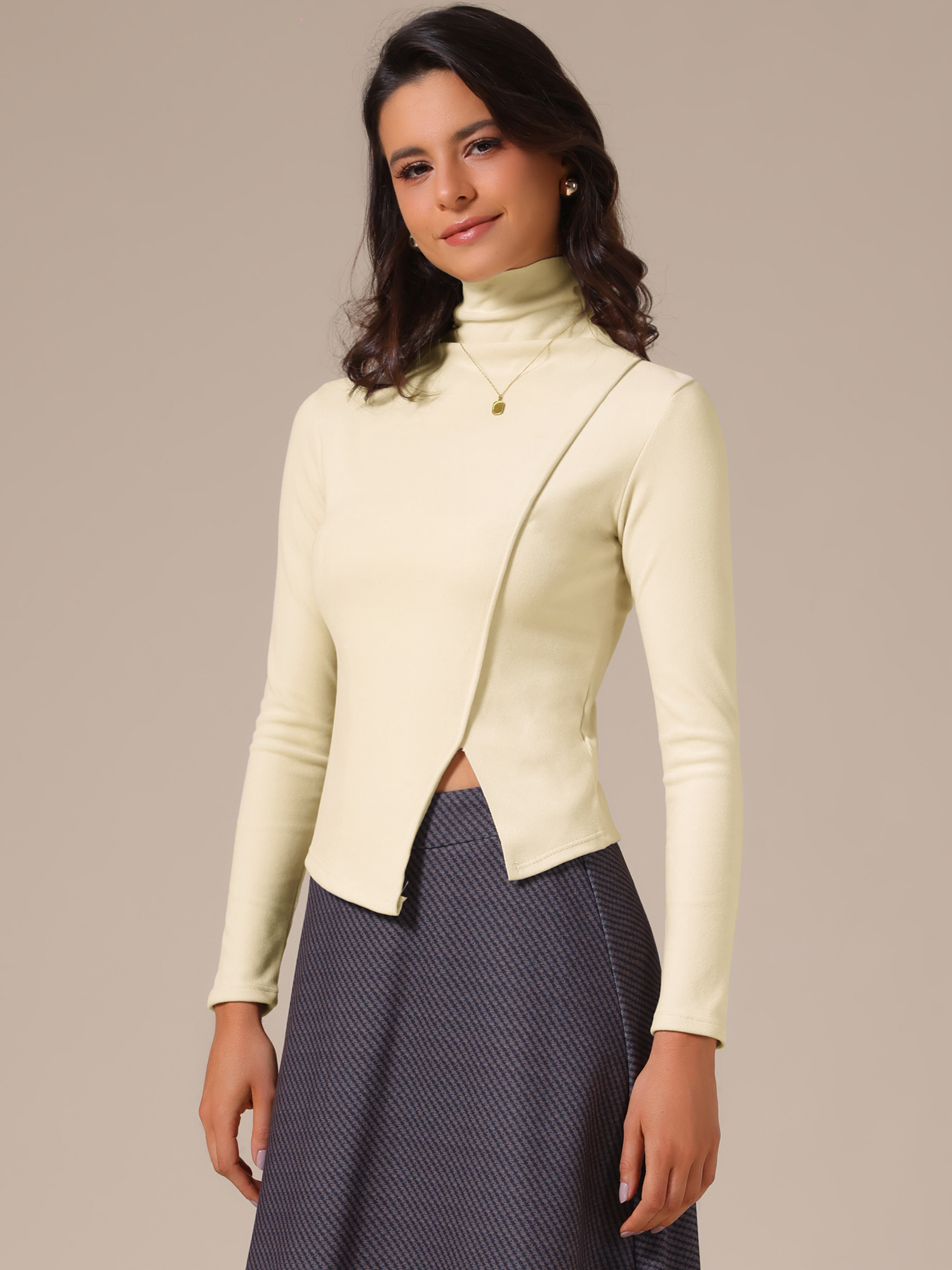 Long Sleeve Turtleneck Knit Asymmetric Top Beige/L