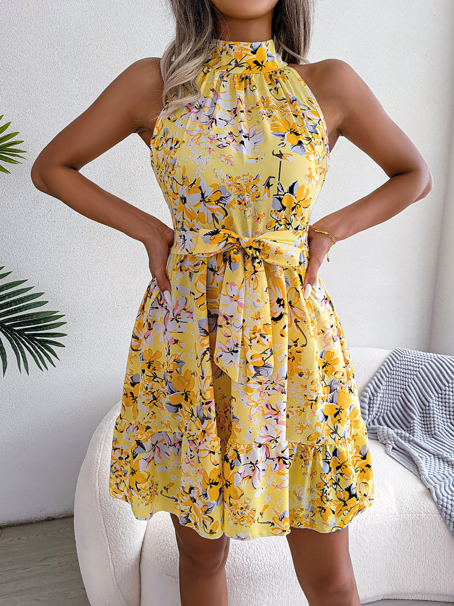 Floral Halter Neck Tie Waist A-Line Mini Dress Yellow/S
