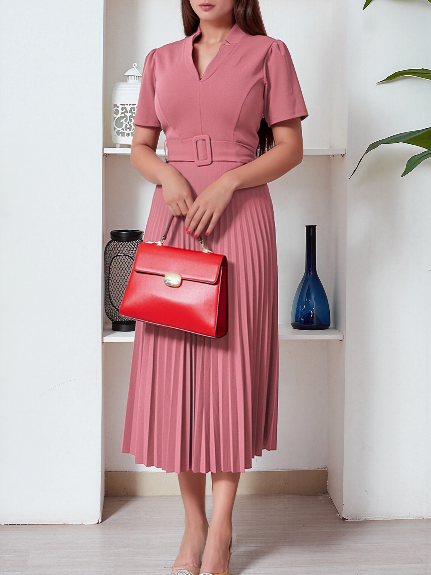 Short Sleeve Belted Pleated Work Midi Dress Pink/M