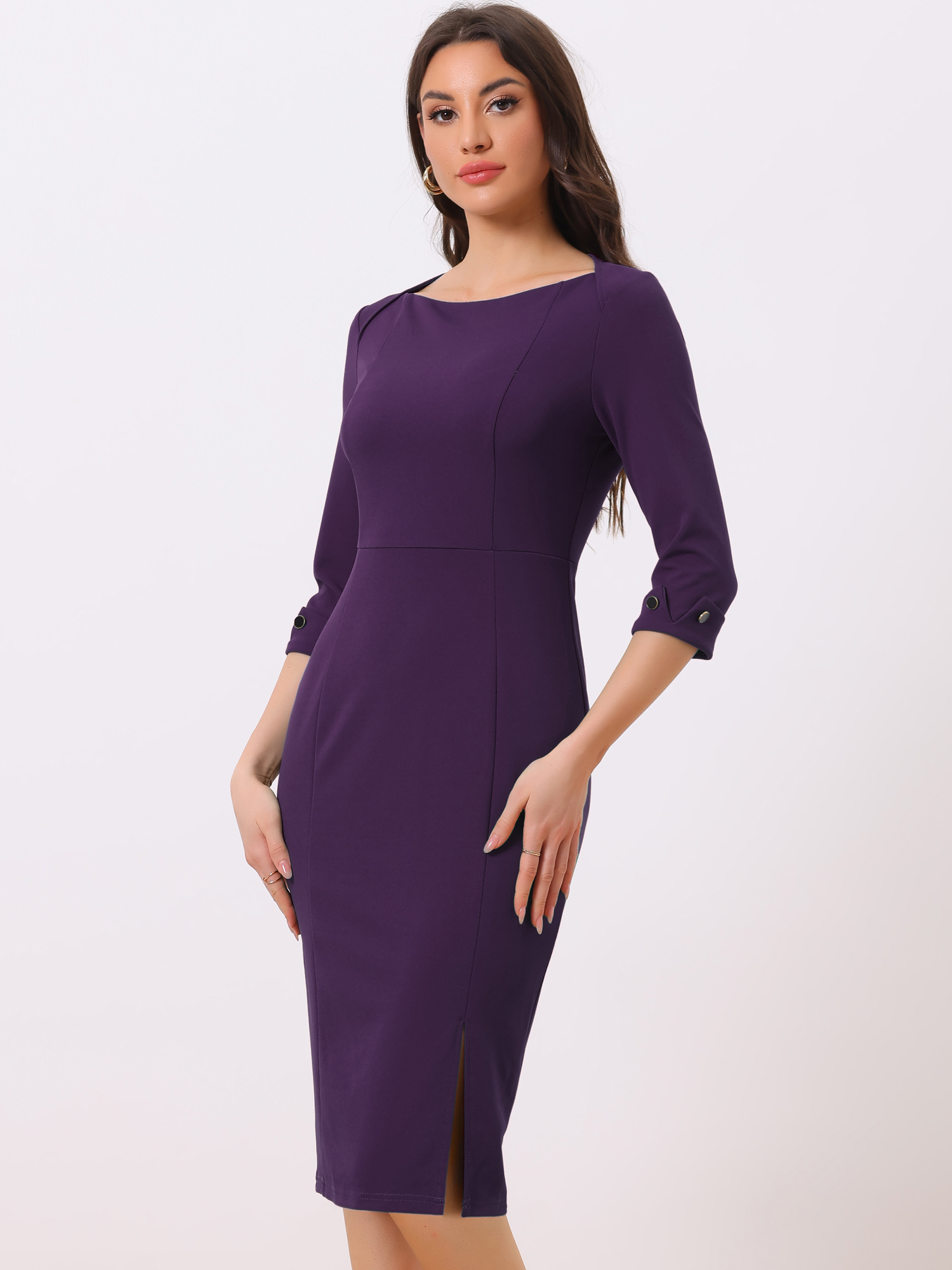 Elegant Boat Neck 3/4 Sleeves Work Midi Split Sheath Dress Purple/2XL