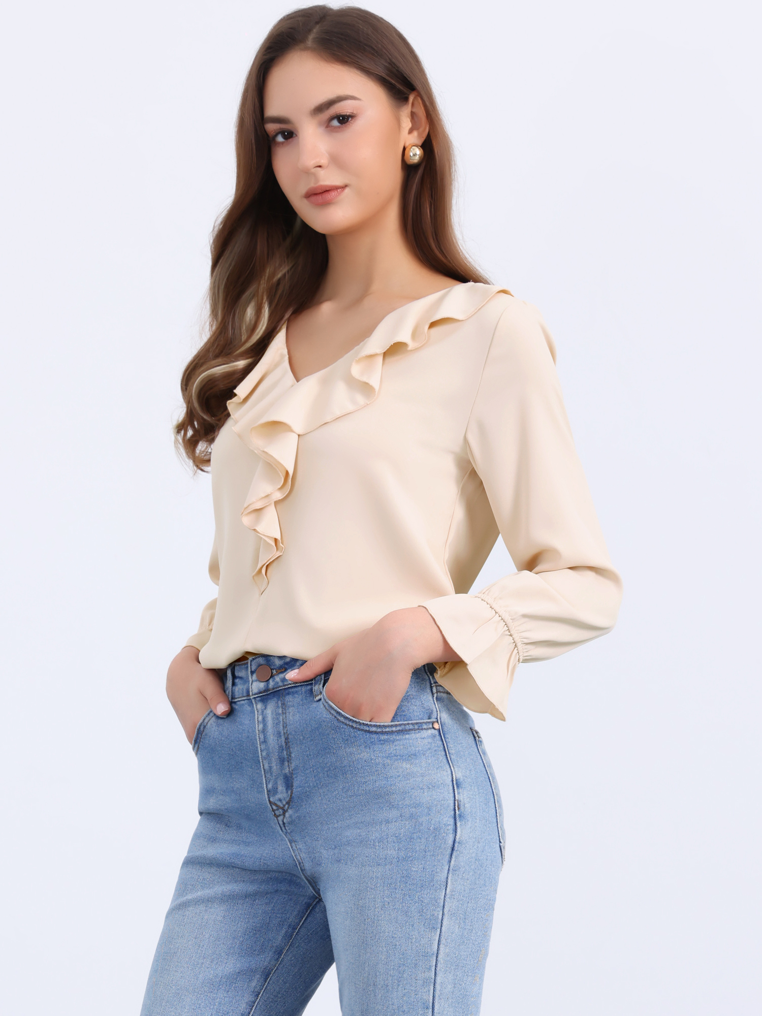 Ruffle Neck Gathered Cuff Long Sleeves Blouse Light Beige/S