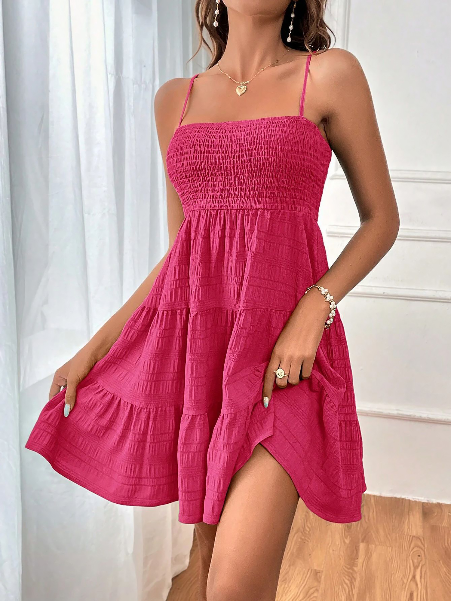 Spaghetti Strap Smocked Tiered Textured Dress Hot Pink/L