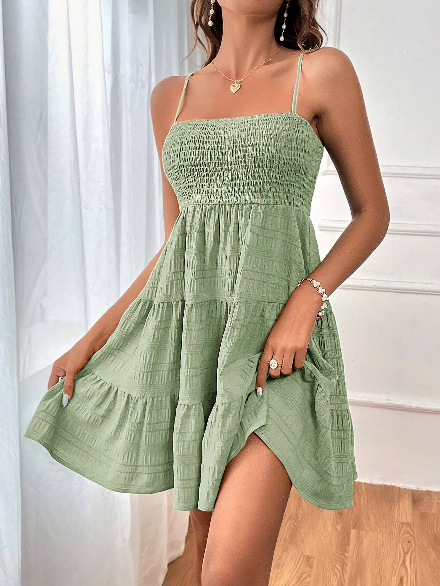 Spaghetti Strap Smocked Tiered Textured Dress Light Green/L