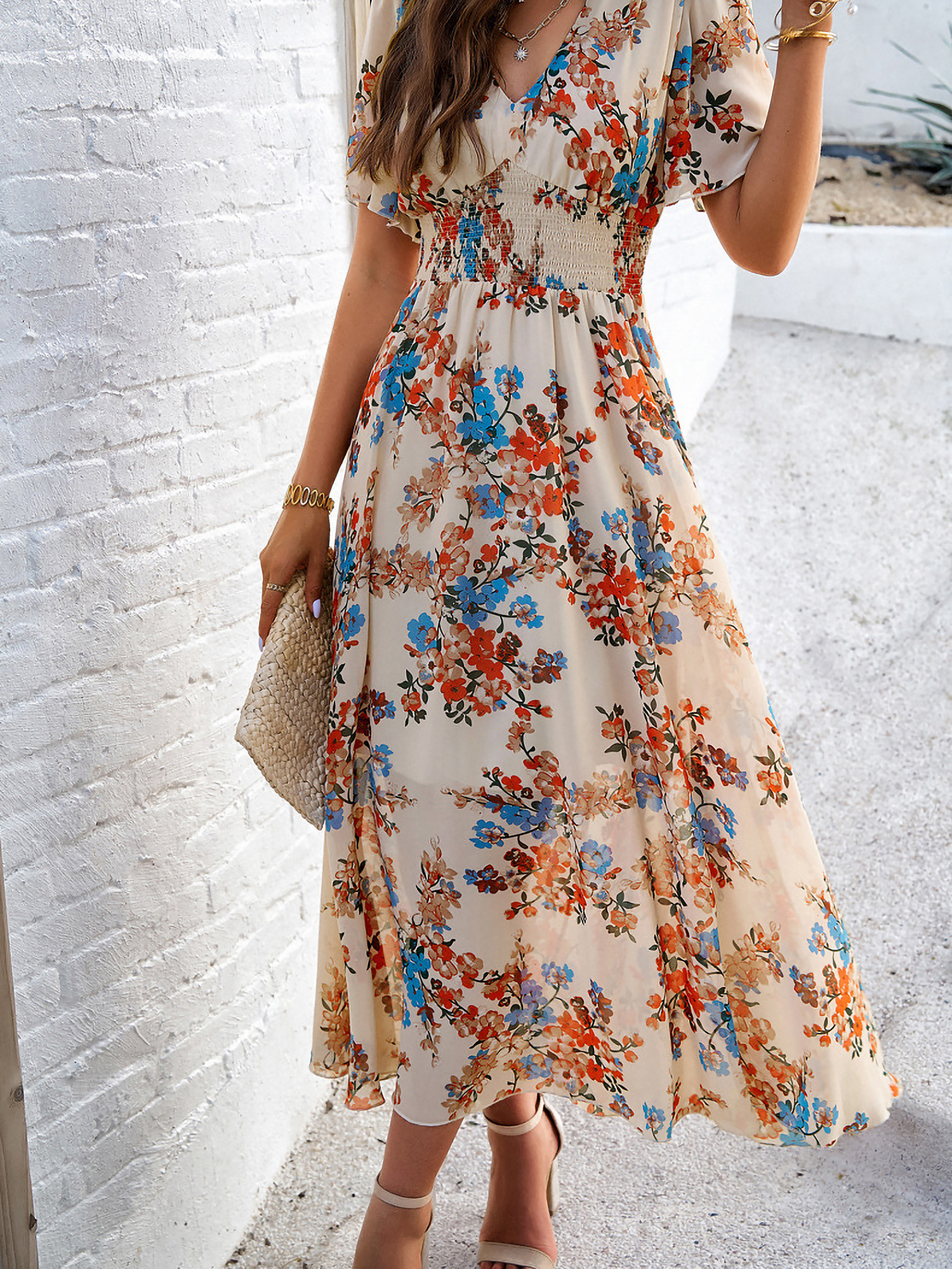 Floral Short Sleeves Smocked Chiffon Dress Beige/L