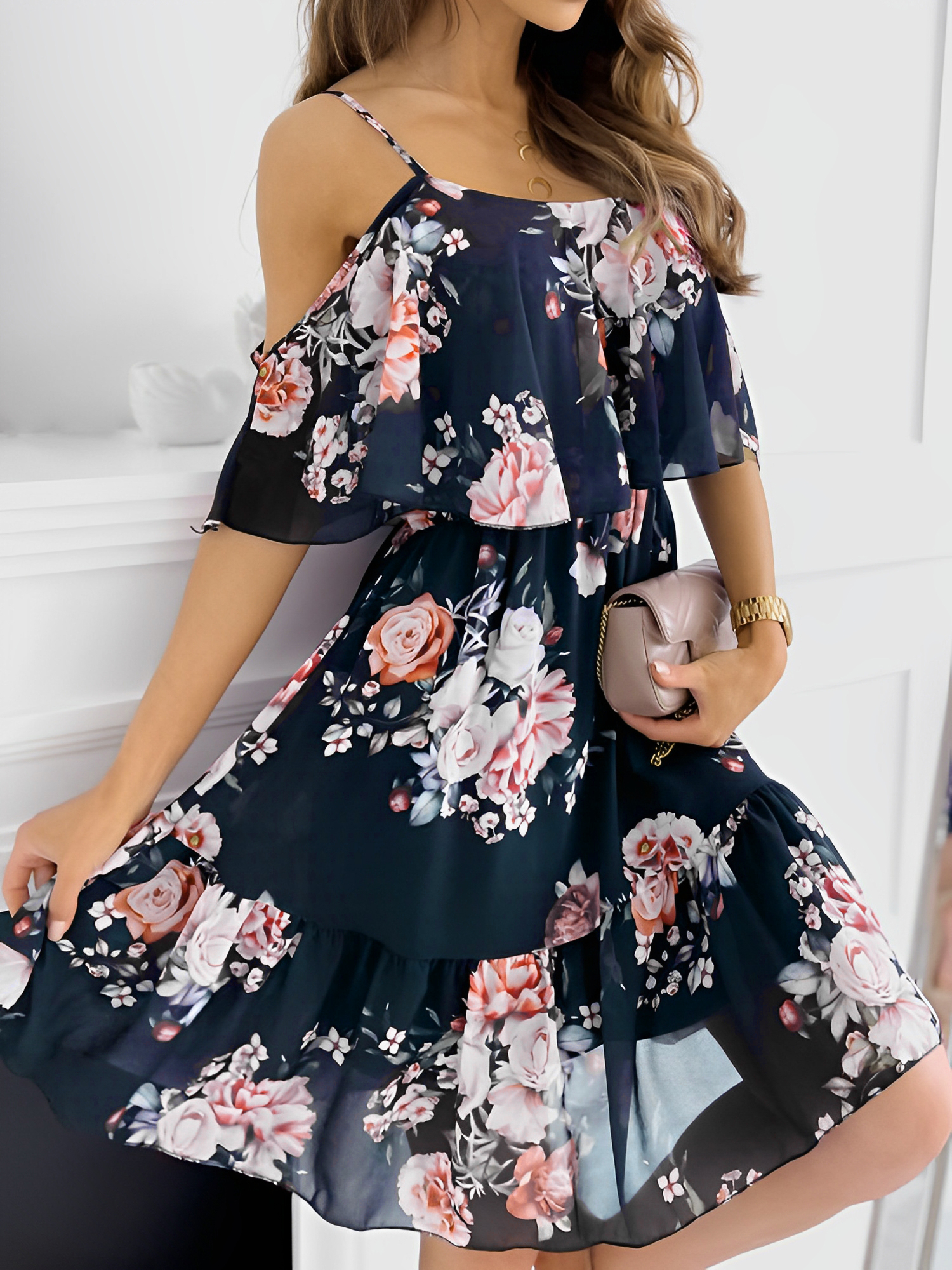 Floral Cold Shoulder Ruffled Mini Chiffon Dress Black/XS