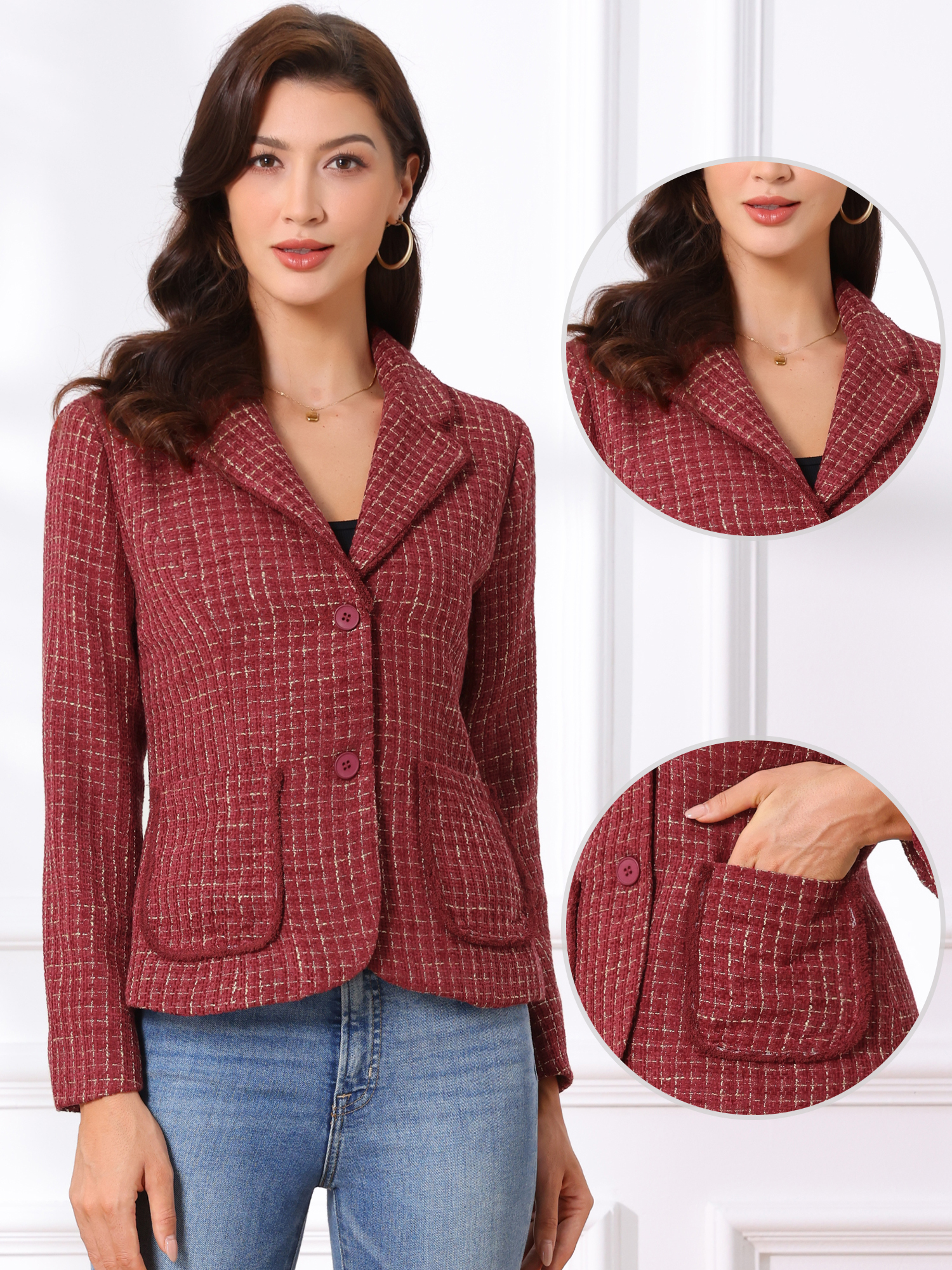 Plaid Tweed Notched Lapel Button Long Sleeve Blazer Jackets Dark Red/M