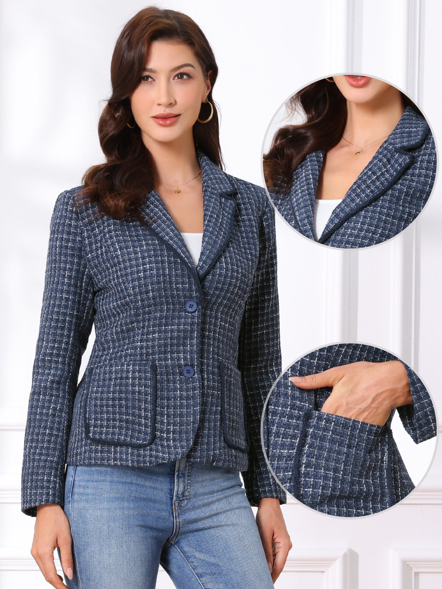 Plaid Tweed Notched Lapel Button Long Sleeve Blazer Jackets Dark Blue/M