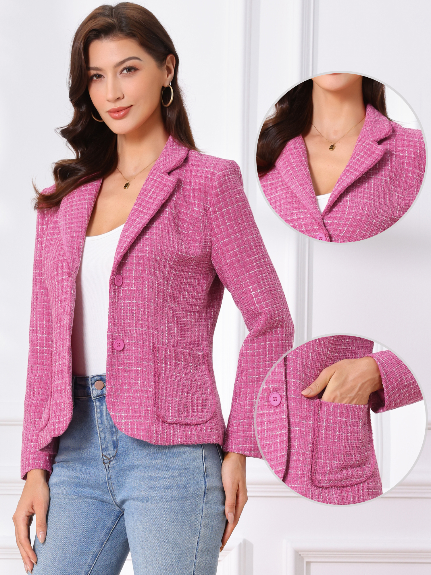 Plaid Tweed Notched Lapel Button Long Sleeve Blazer Jackets Hot Pink/S