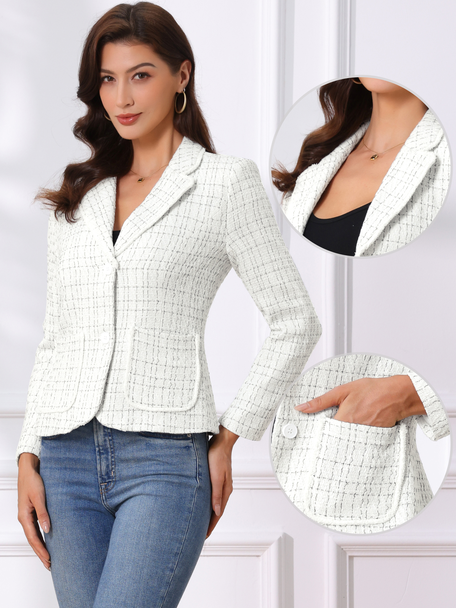 Plaid Tweed Notched Lapel Button Long Sleeve Blazer Jackets Black White/S