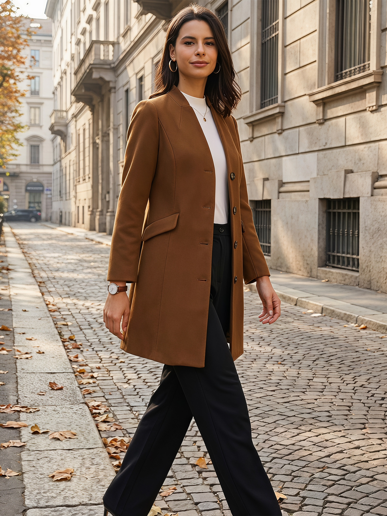Elegant Winter Overcoat V Neck Single Breasted Long Coat Dark Brown/S