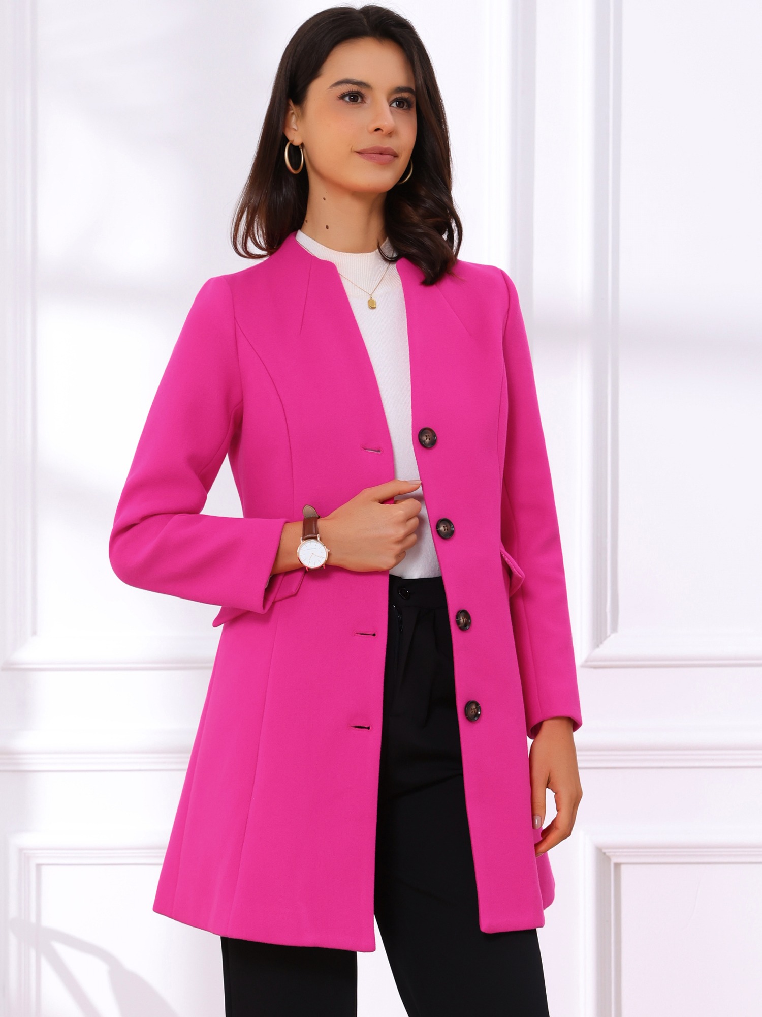 Elegant Winter Overcoat V Neck Single Breasted Long Coat Rose Red/XL