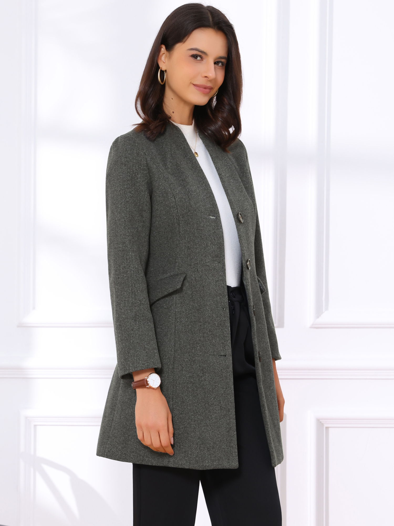 Elegant Winter Overcoat V Neck Single Breasted Long Coat Dark Gray/M
