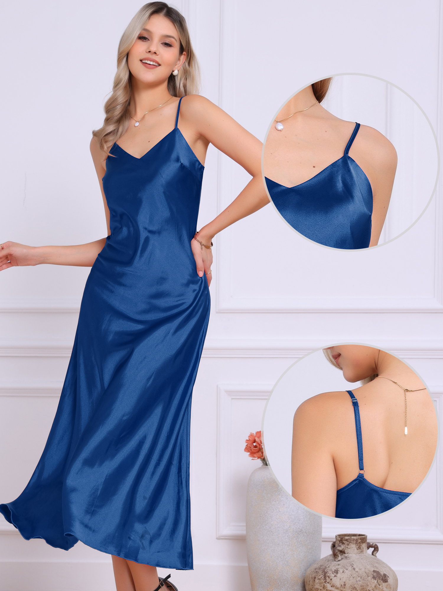 Satin Sleeveless Spaghetti Strap Maxi Dress Royal Blue/2XL