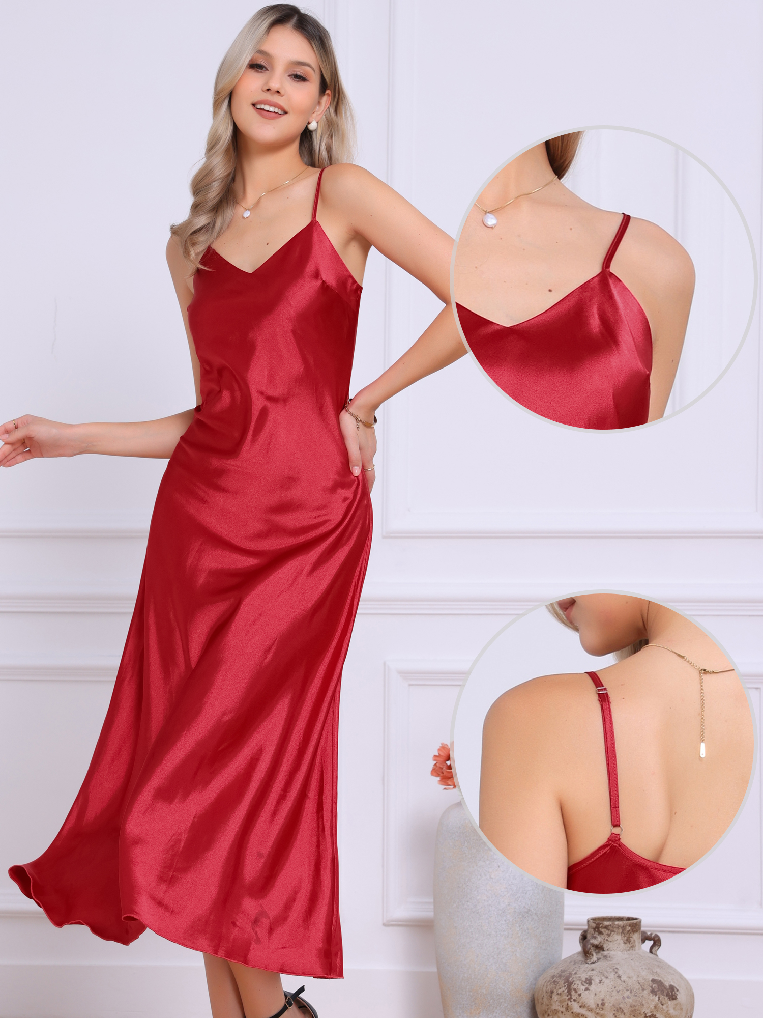 Satin Sleeveless Spaghetti Strap Maxi Dress Red/L