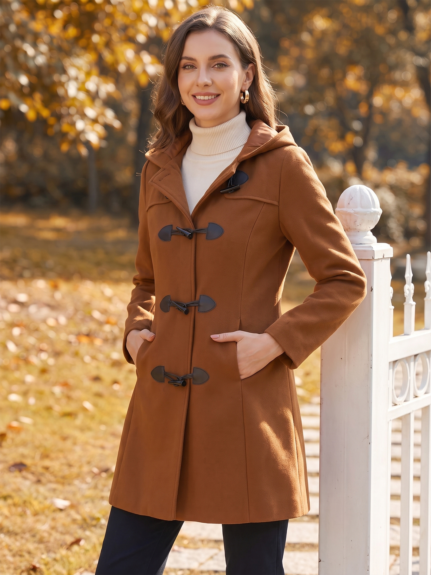 Hooded Toggle Button Up Duffle Coat Winter Outwear Brown/S