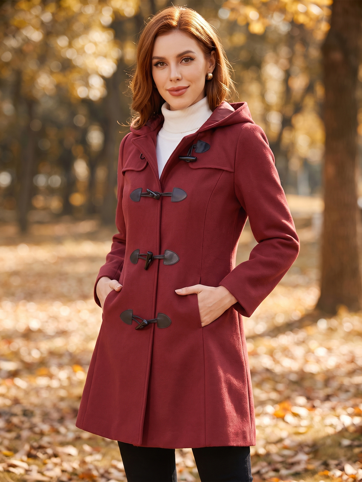 Hooded Toggle Button Up Duffle Coat Winter Outwear Dark Red/M