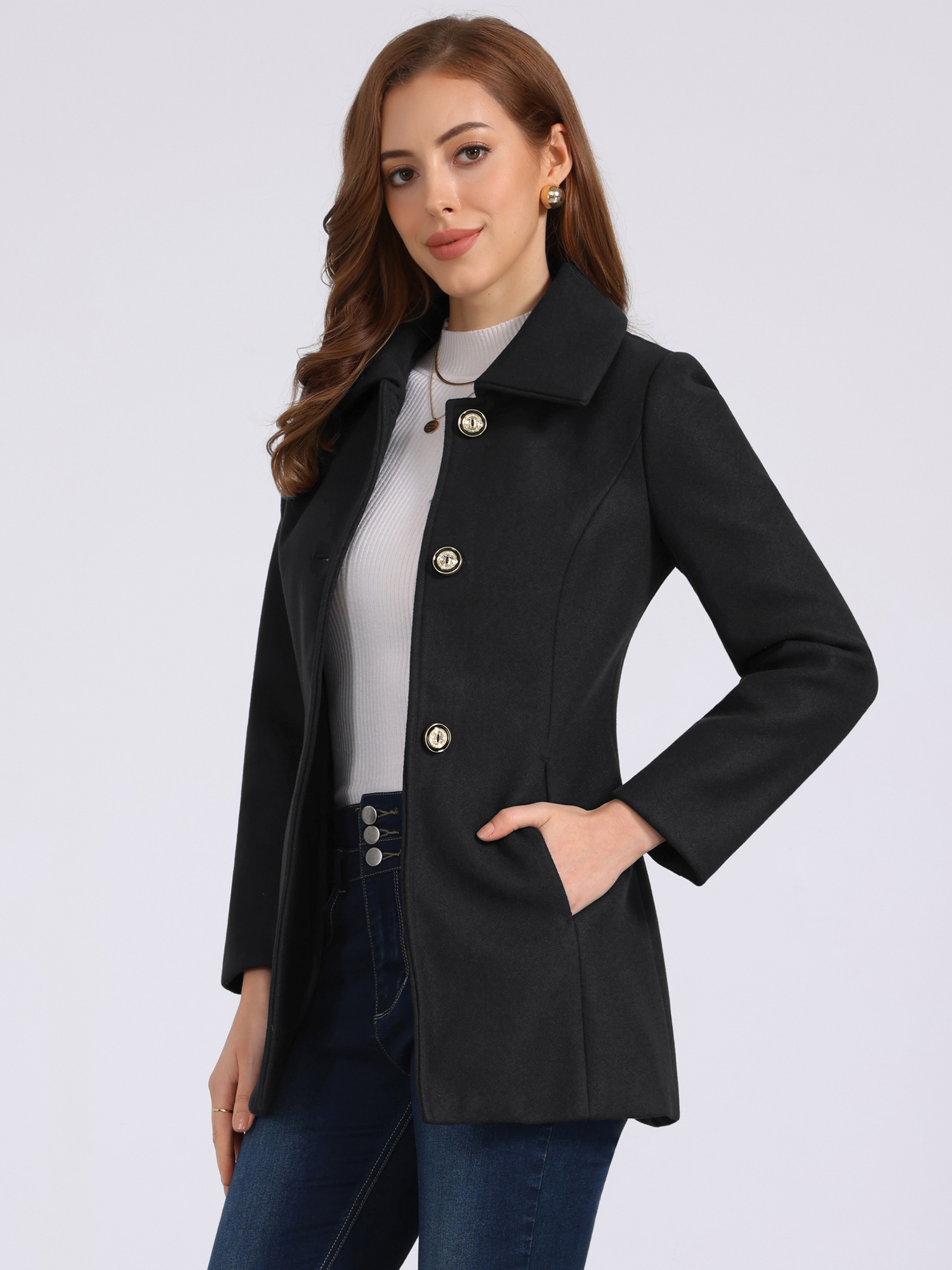 Turn Down Collar Overcoat A-Line Single Breasted Winter Coat Black/XS
