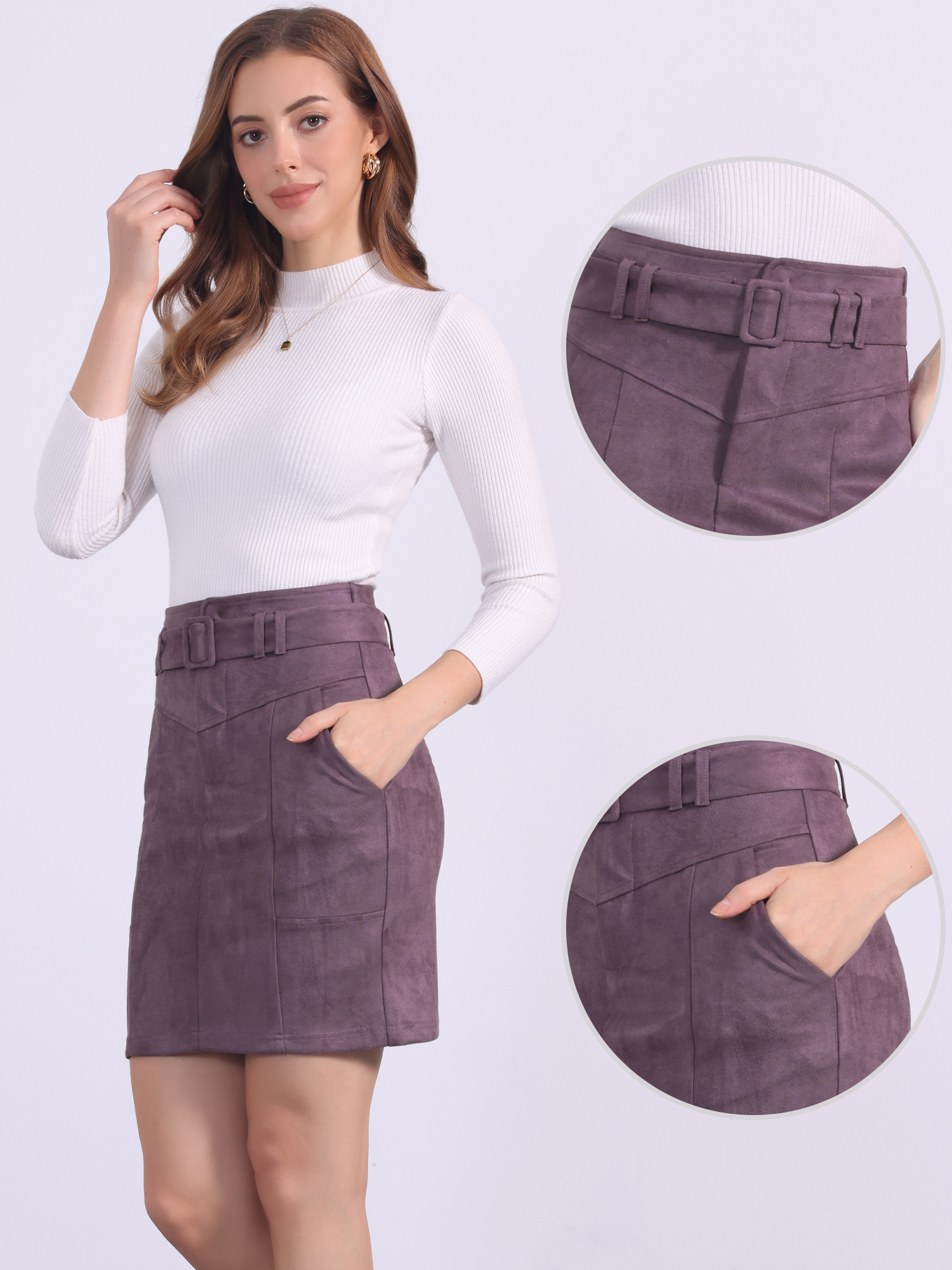 Faux Suede Casual High Waist Belted A-Line Mini Skirts Dark Purple/S